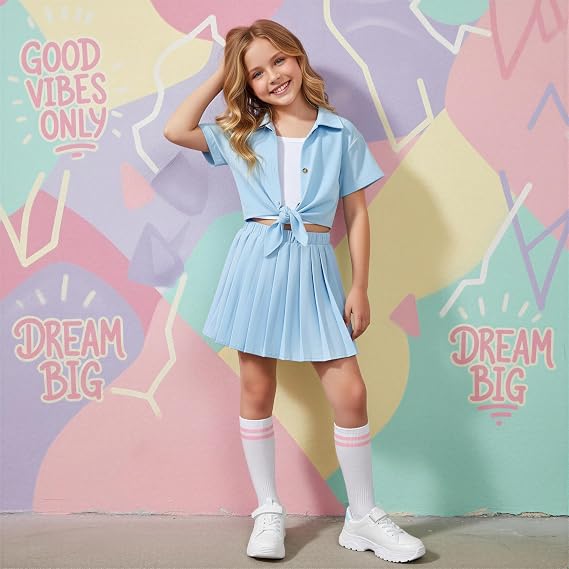 HIHA Girls 3 Piece Outfit Cami Crop Tops Skirt Set with Button Down Shirts Size 6-12