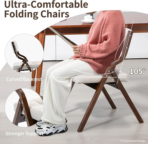 HOMEFUN Folding Chairs with Cushion, 2 Pack, Camel | Portable and Assembled Seat for Guests Kitchen Office Wedding and Party, Camel