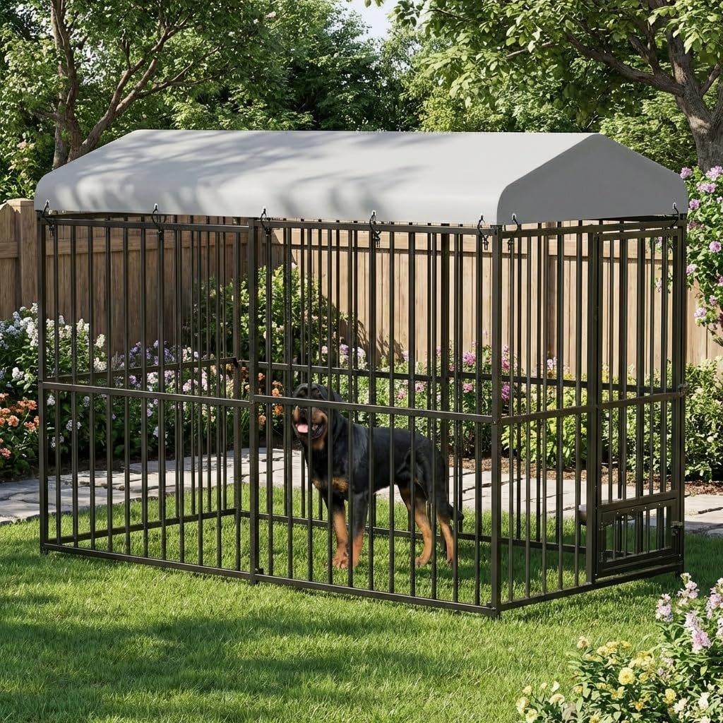 Photo 1 of GarveeLife 8x4x6 ft Large Outdoor Dog Kennel with Feeding Doors, Large Dog Kennel with Waterproof Roof, Heavy Duty Dog Enclosures for Outdoor Garden Backyard Courtyard Black