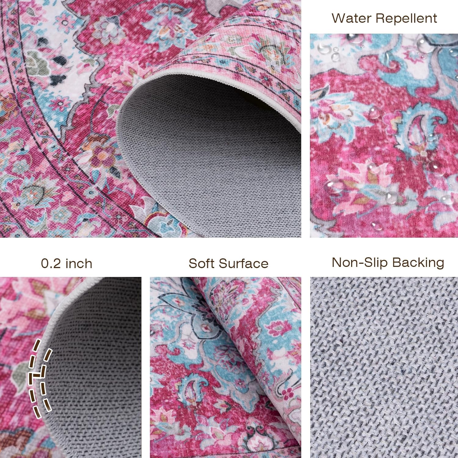 4' Machine Washable Round Area Rug for Living Room, Boho Neutral Floor Rugs for Kids, Non-Slip Low Pile Room Carpet for Bedroom, Dining Room & Nursery(4' Rose Red)