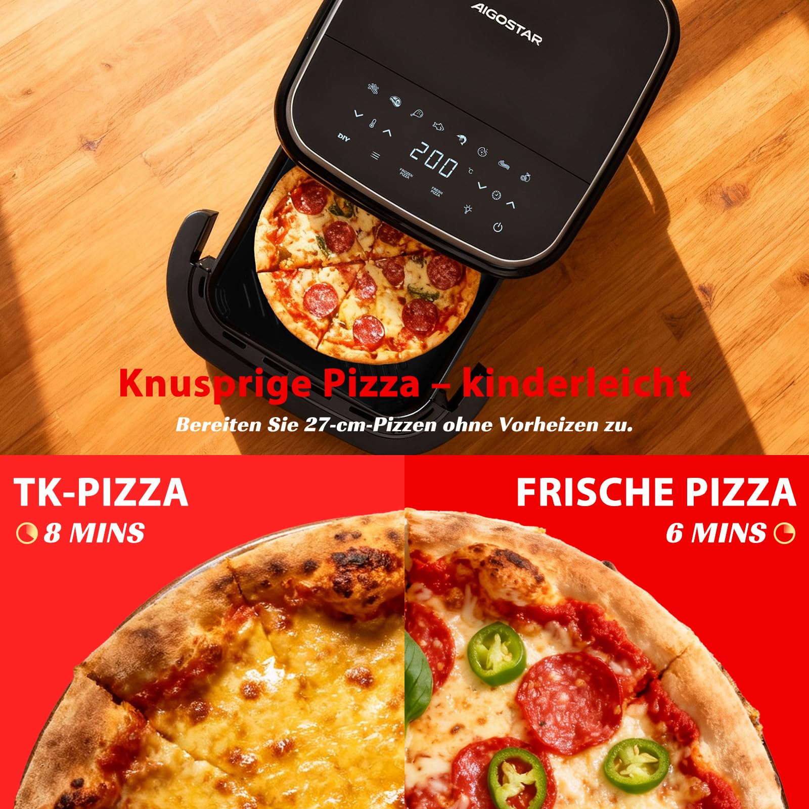 Aigostar Heißluftfritteuse mit XL 745 cm² Garfläche (27.3 * 27.3cm), leiser Extra-Crisp Technologie, Pizzafunktion, Doppelheizung, Sichtfenster, 11 Programmen, Touchscreen, Metall-Innenraum, Schwarz