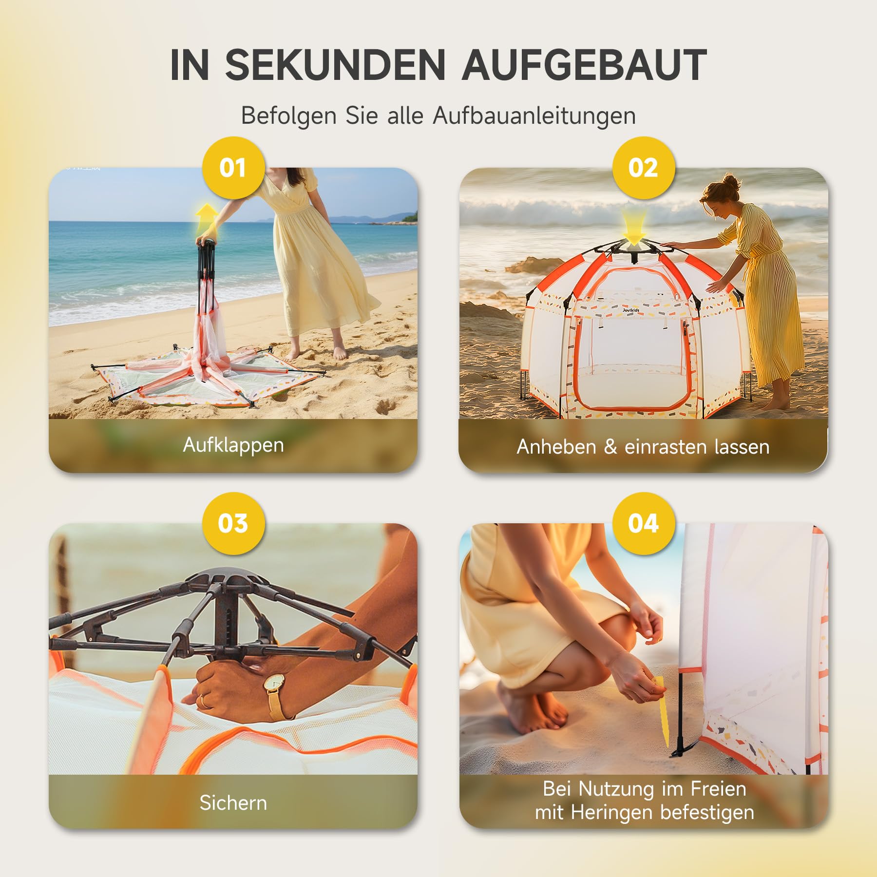 Jovikids Faltbarer Laufstall Baby mit Baldachin, Pop-up Zelt Kinder Outdoor, Großer 6 Eckig Playpen mit Tragetasche für Haus, Garten, Strand, 150x150x105cm