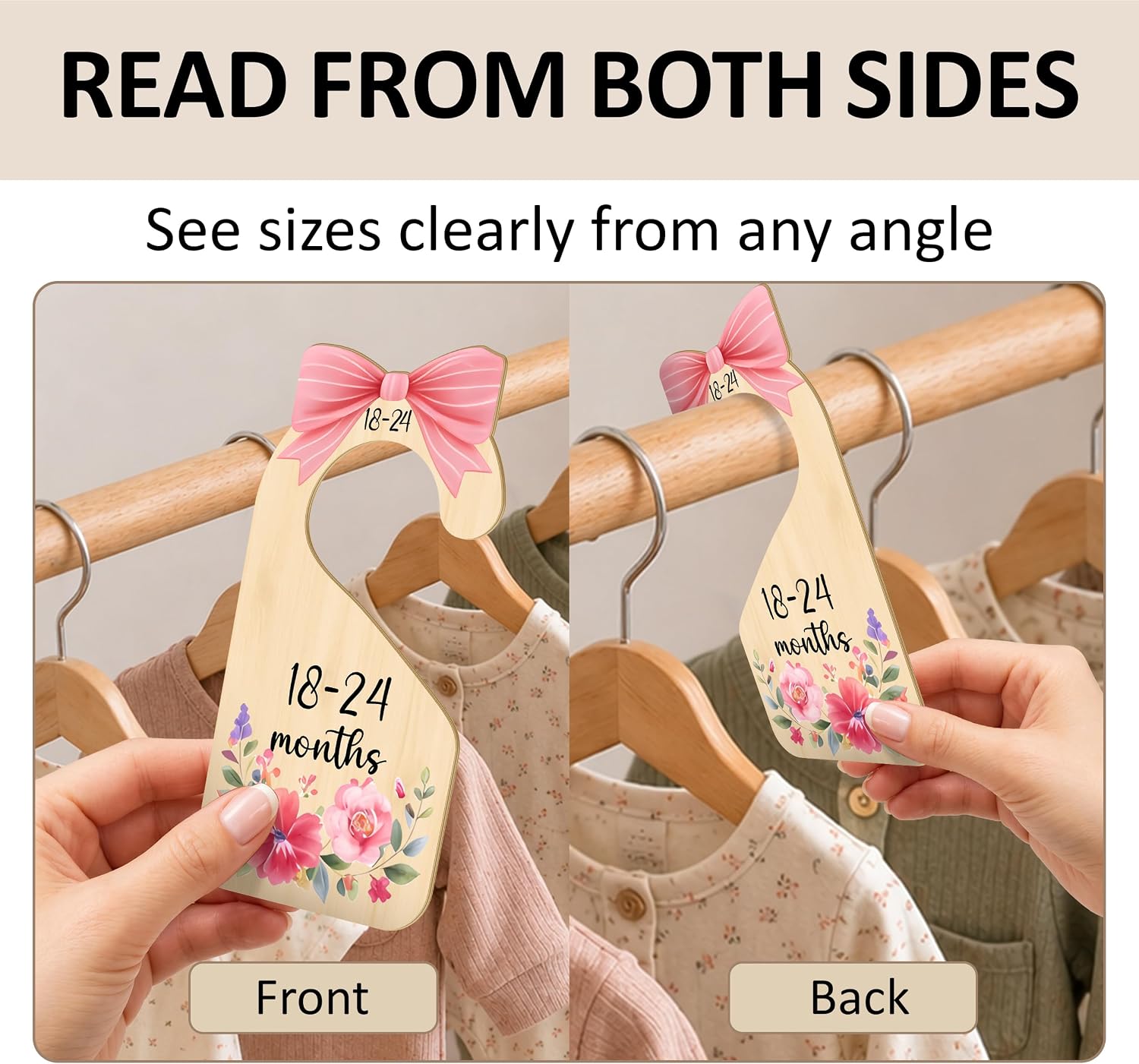 7 PCS Pink Bow Closet Dividers for Girls Nursery, Wooden Floral Wardrobe Organizer with Double-Sided Size Labels for Newborn to 24 Months, Baby Room Decor Accessories