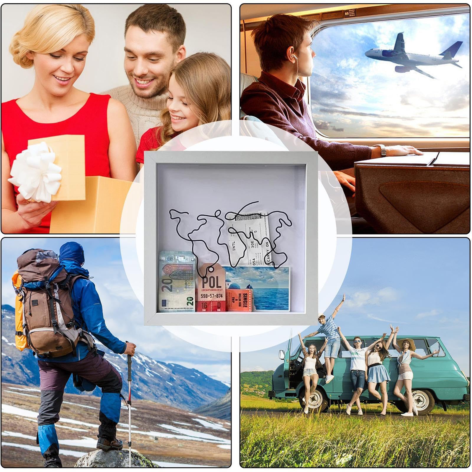 Ubervia® Adventure Archive Box - Travel Memory Collection Shadow Box With Slot on Top for Tickets - Picture Frame for Tabletop Display (12*12 in, White) 3
