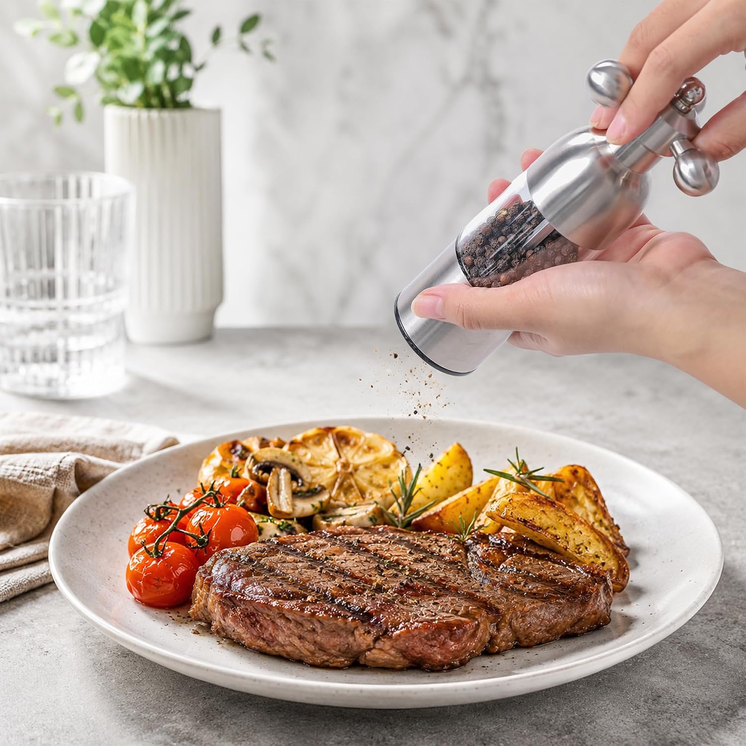 (Grey,2PCS) Salt, Pepper Modern Manual Grinder Set with Solid Handle