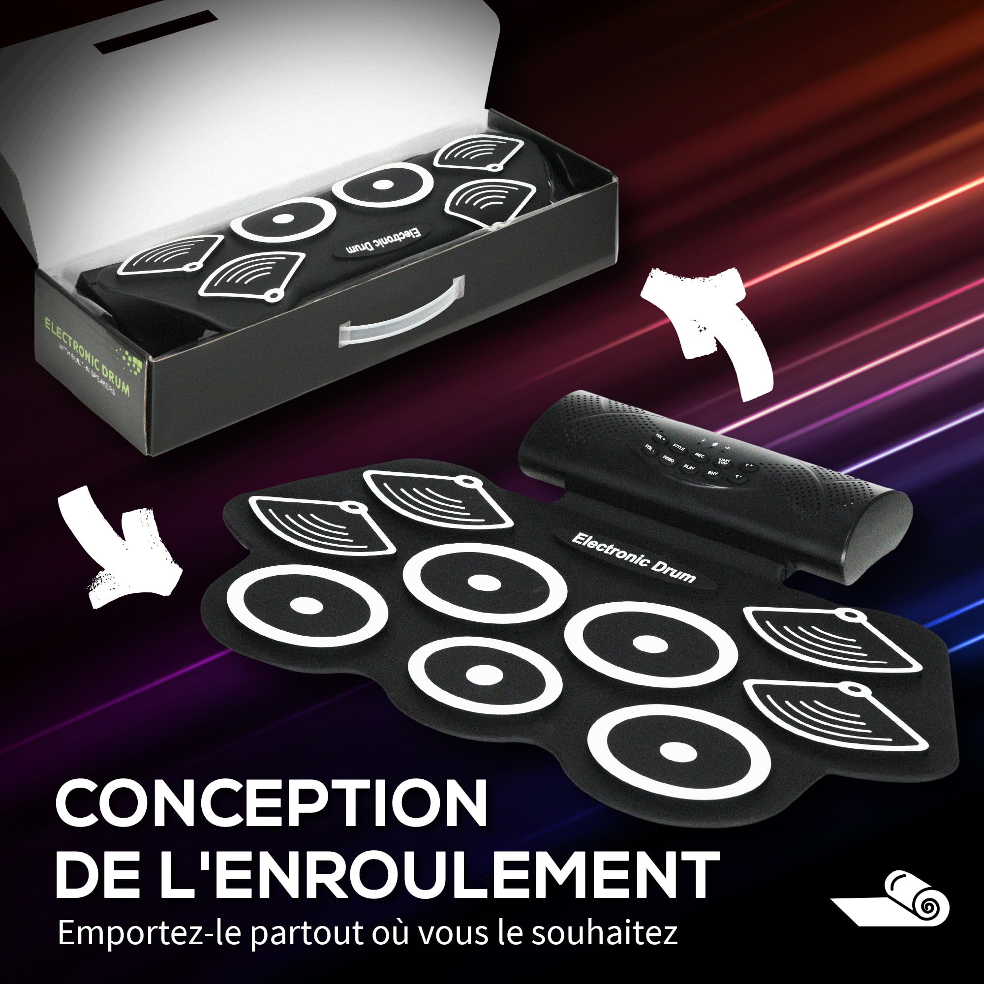 SPORTNOW Batterie électronique drum set, kit de batterie électrique, avec 9 pads, pédales et baguettes de tambour, deux haut-parleurs stéréo, pour enfants adultes débutants, silicone, blanc et noir