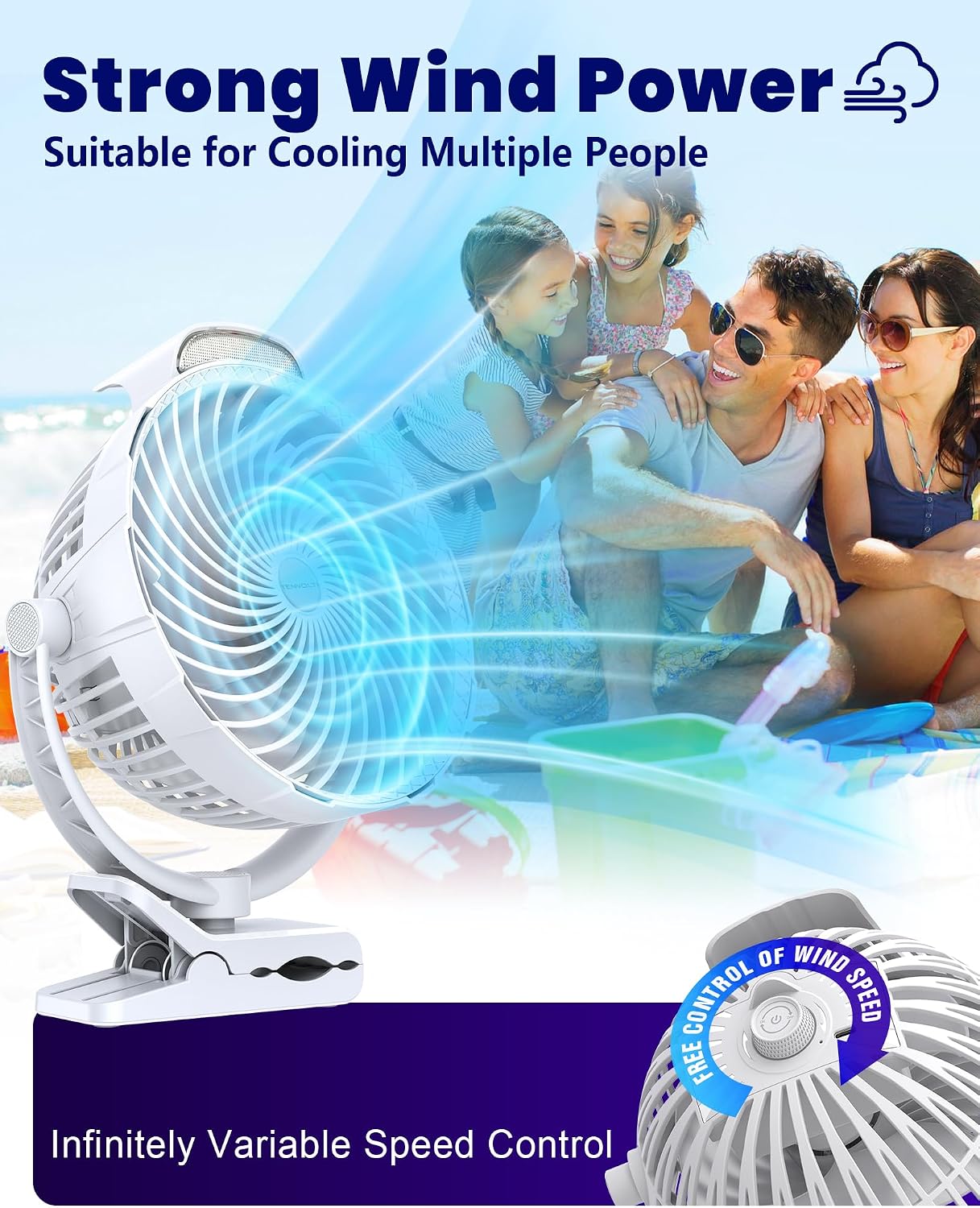 10000mAh Clip on Fan, 8-Inch Golf Cart Fan Rechargeable with LED Light, 9 Speeds Strong Airflow, Ultra Quiet, 30Hrs Runtime, 360° Rotation, Cooling for Bed Camping Office Desk Dorm, White
