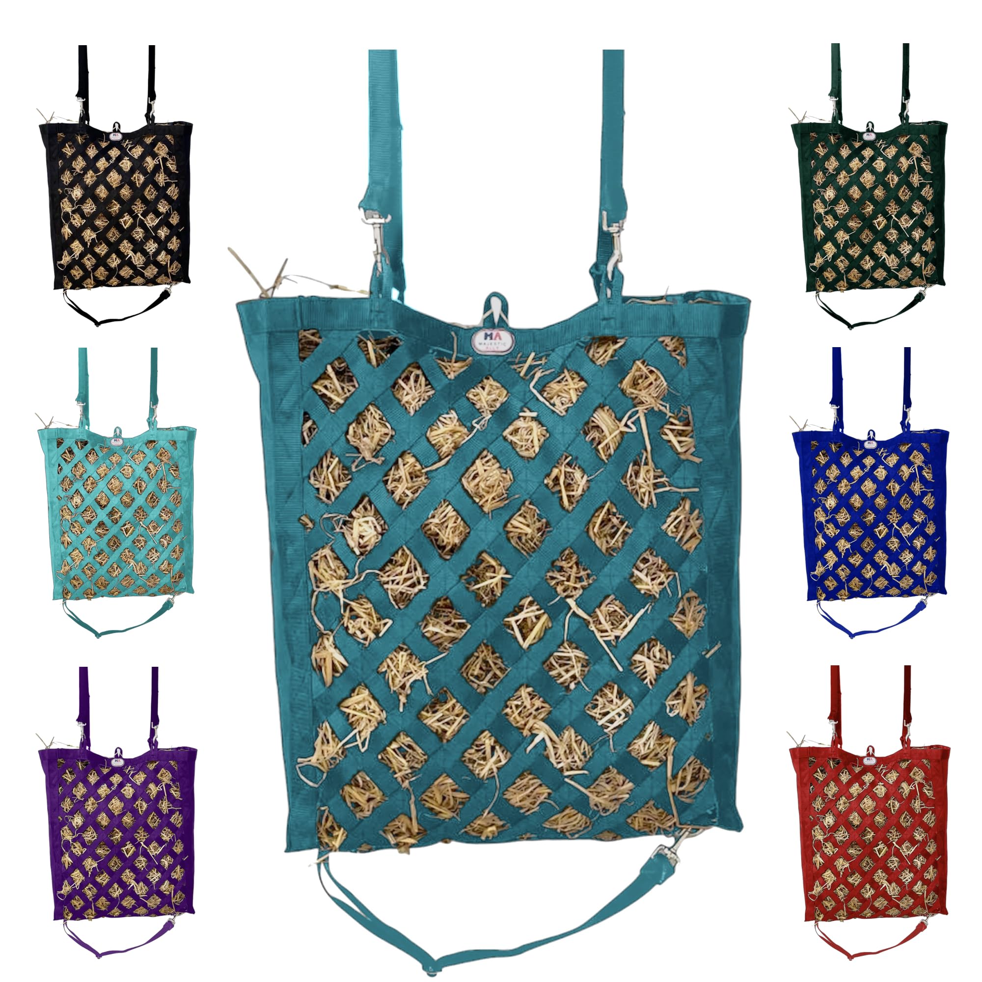 Majestic Ally Premium Nylon Hay Bag for Horses and Livestock, Simulates Grazing, Slow Feeding, Heavy-Duty PP Webbing,Quick-Adjust Straps, Small Hole for Digestion, Multiple Colors (Teal)