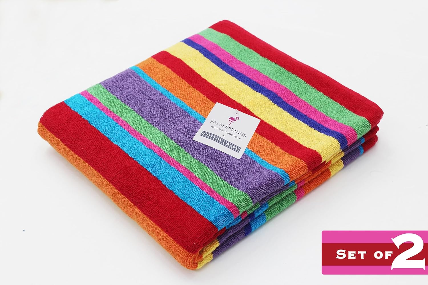 COTTON CRAFT Pool Lounge Chair Cover - 2 Pack Summer of Siam Dobby Terry Towel Chaise Lounge Cover - Soft 100% Cotton Beach Chair Cover - Oversized 32 in W x 82 in L x 7 in Pocket – Multi Color Stripe