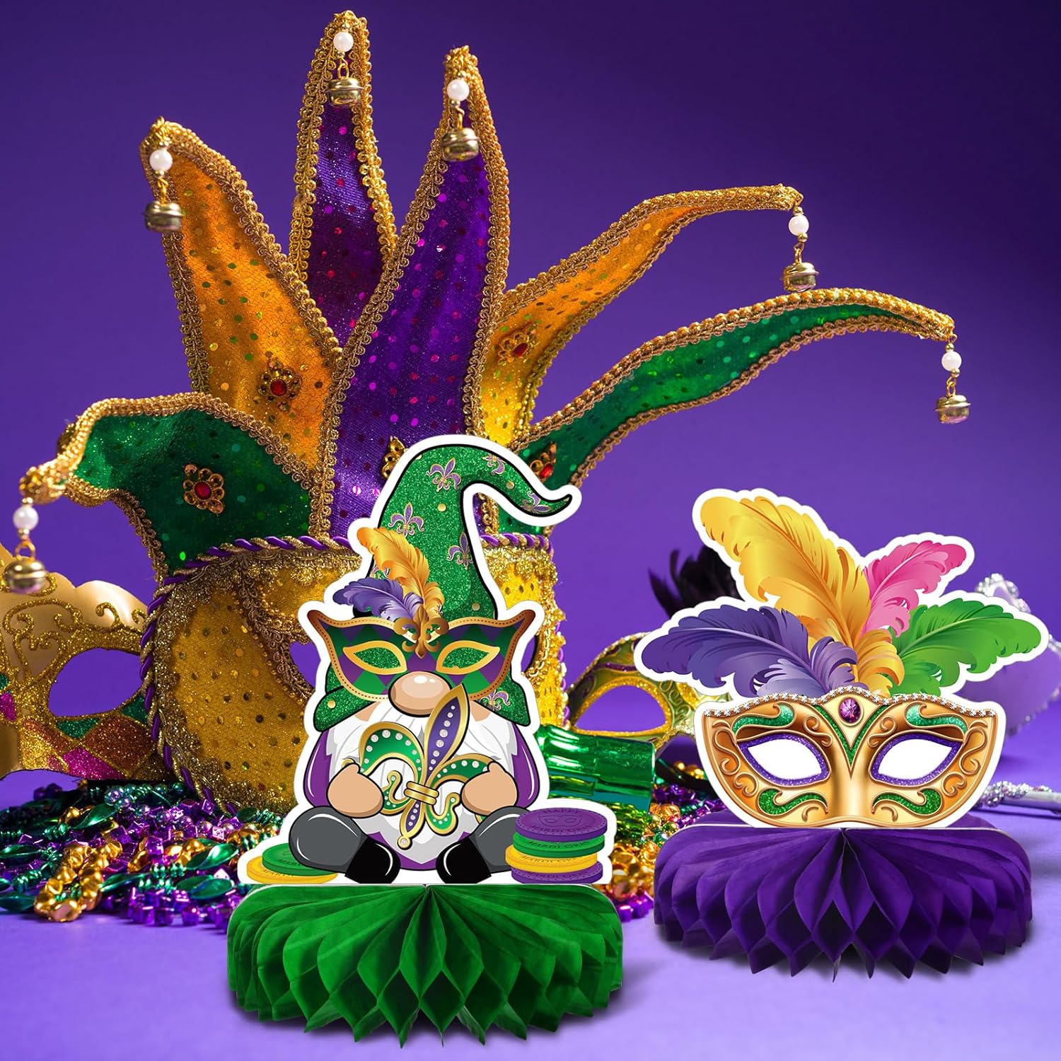 Pasimy 12 Pcs Mardi Gras Party Table Decorations Mardi Gras Honeycomb Table Centerpieces Mask Crown Sign Toppers for Masquerade New Orleans Party Supplies