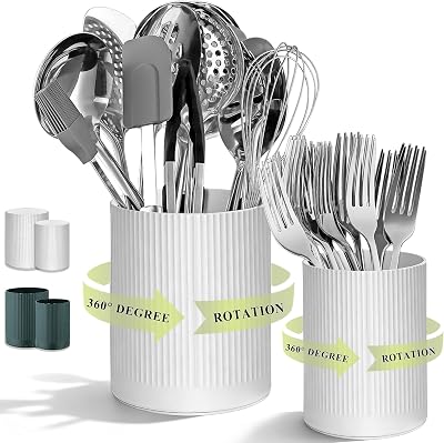 Homquen 360° Rotating Utensil Holder, 6.3''+4.7'' Plastic Kitchen Utensil Holder for Countertop, Large Cooking Utensil Crocks for Kitchen Decor, Utensil Organizer for Spatula, Set of 2 (White)