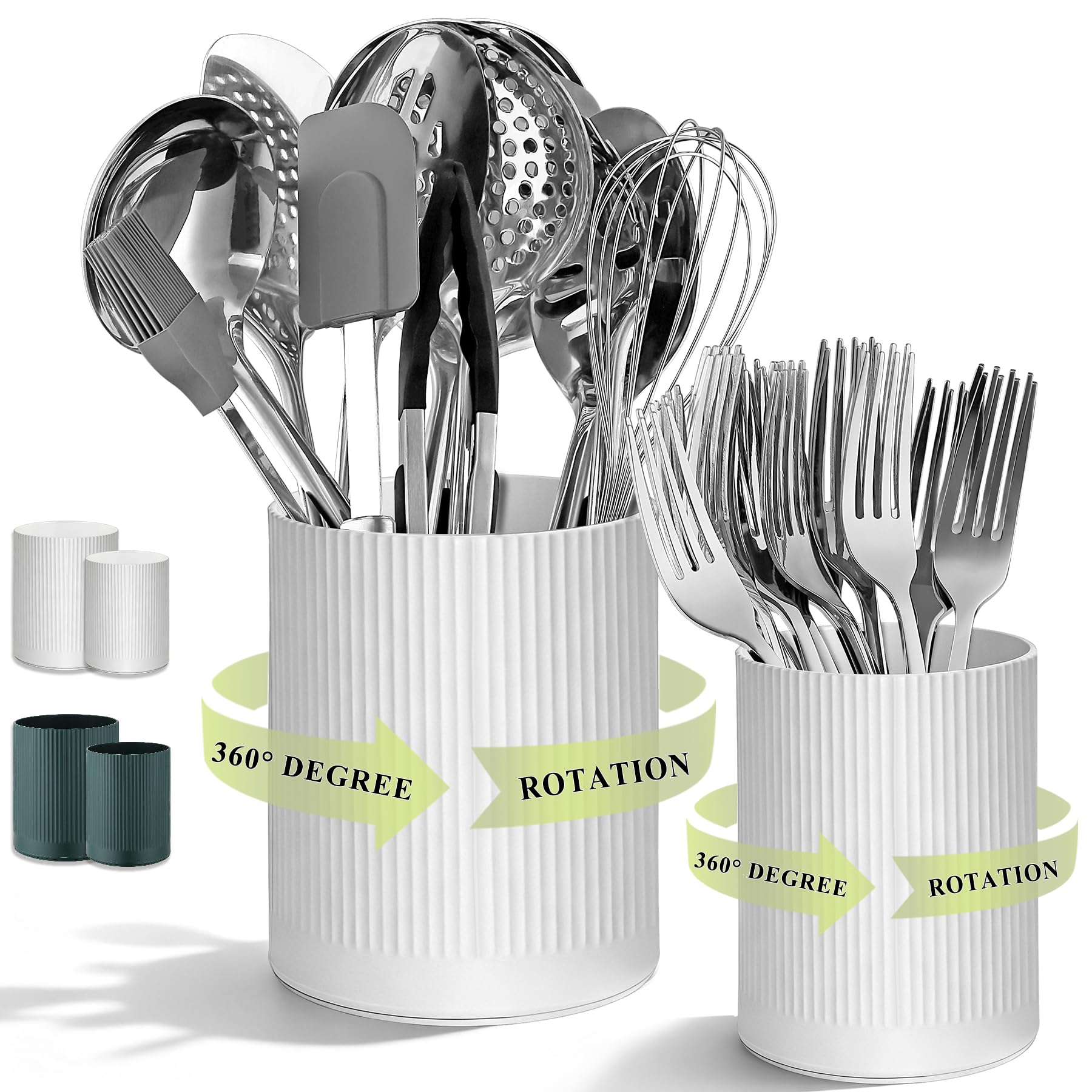 HOMQUEN 360° Rotating Utensil Holder, 16+12cm Plastic Kitchen Utensil Holder for Countertop, Large Cooking Utensil Crocks for Kitchen Decor, Utensil Organizer for Spatula, Set of 2 (White)