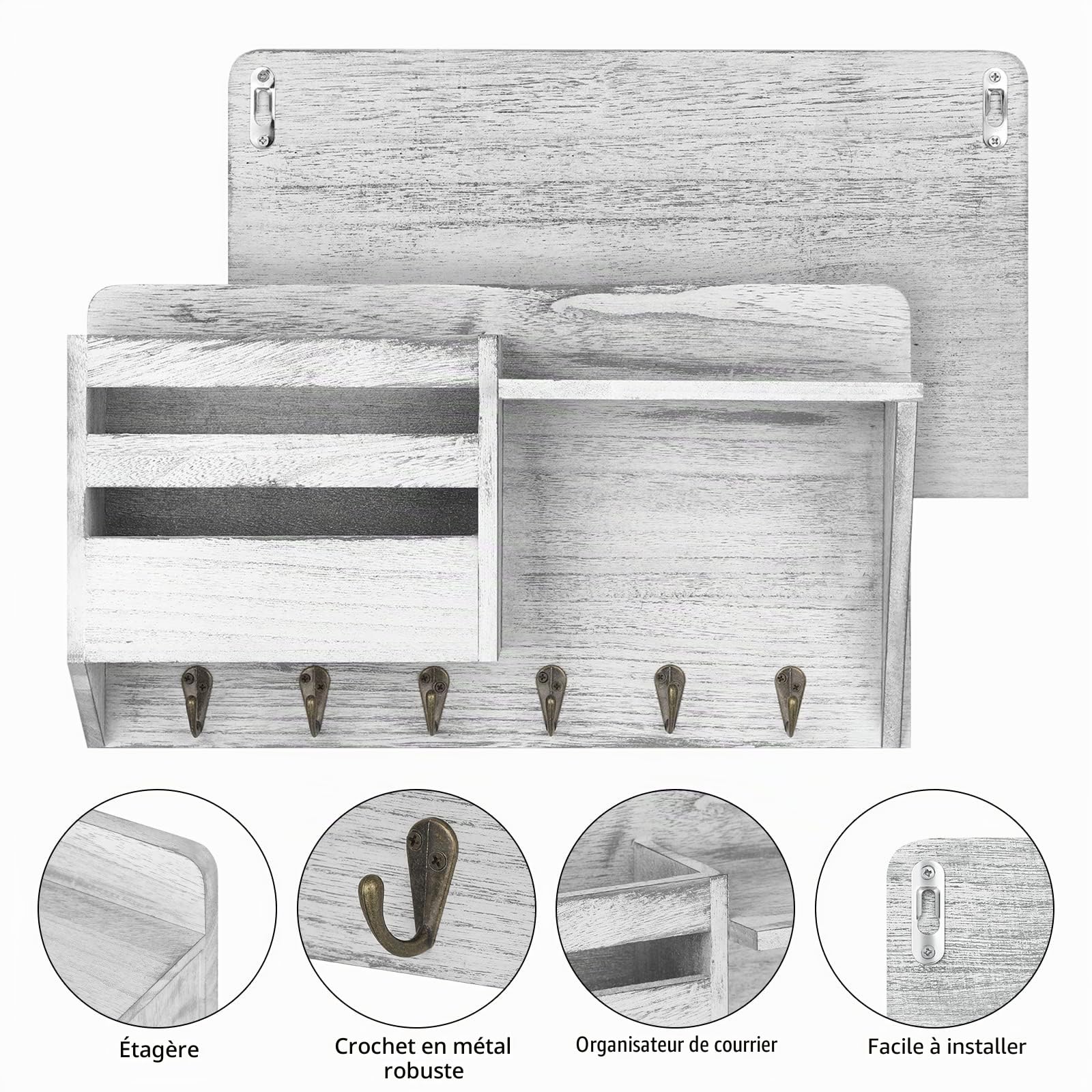 Shinoske Porte clef mural, Crochet à clé mural en bois avec étagère, vintage range porte-courriers mural avec 6 crochets pour clés, lettres, journaux - blanc gris