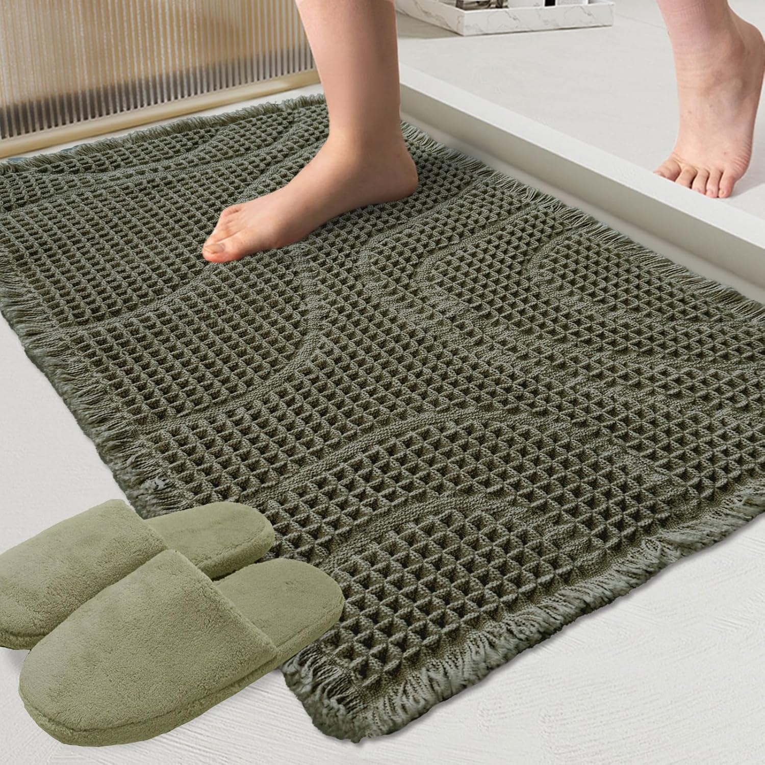 ZALL Dark Green Waffle Bath Mat Wavy,Super Absorbent Non Slip Bathroom Rug, 24x36inch, Machine Washable Ultra Soft Floor Mats