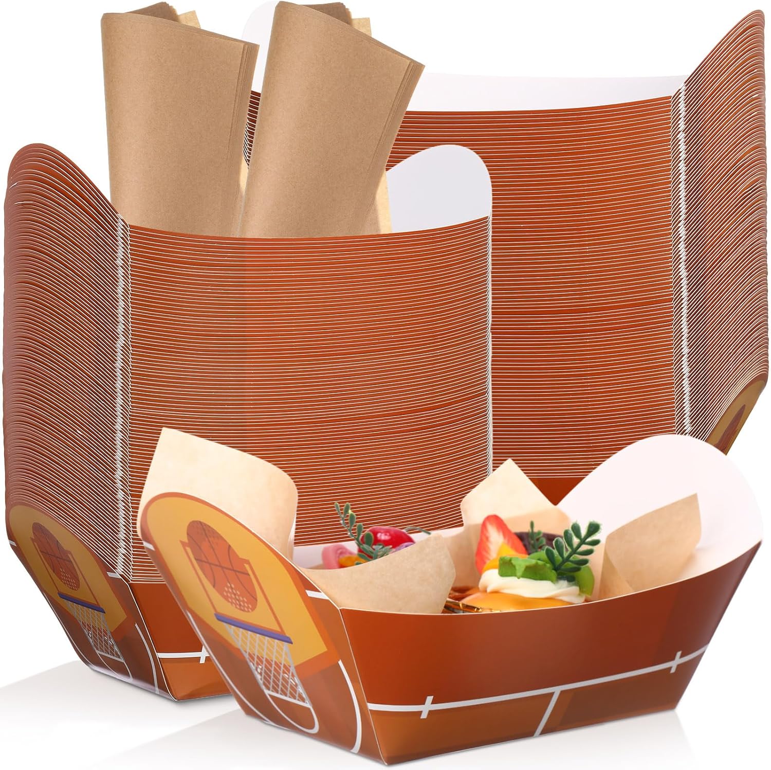 200 Pcs Basketball Party Decorations Basketball Themed Supplies 5lb Paper Food Trays and Wax Paper Hot Dog Plates Disposable Boats Bowls Serving Trays for Boy Birthday Basketball Party Favor