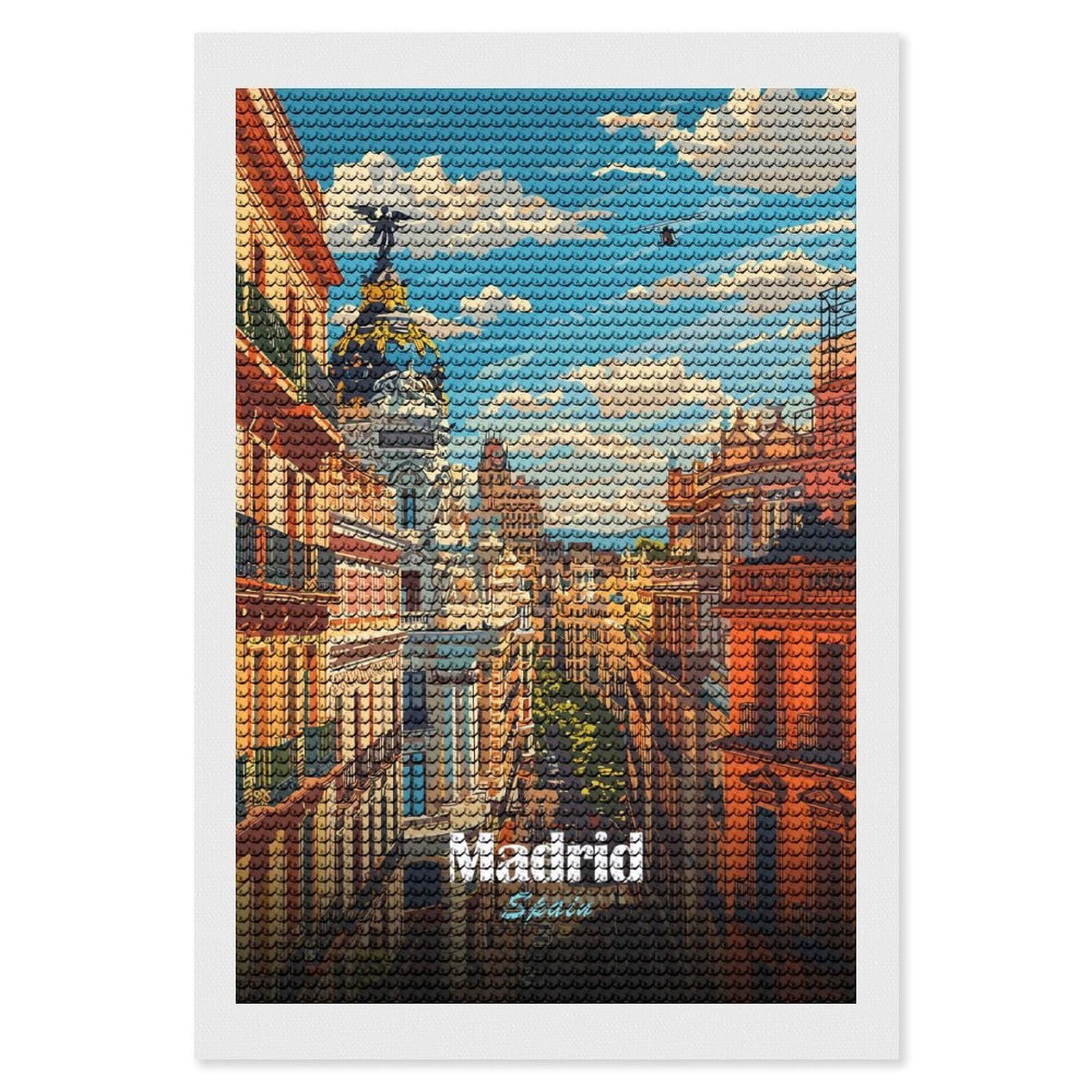 Junmoney Madrid Cityscape Diamond Painting Canvas Kit 8"x12", Adhesive Canvas, Living Room Decor, Farmhouse Decor, Winter Craft