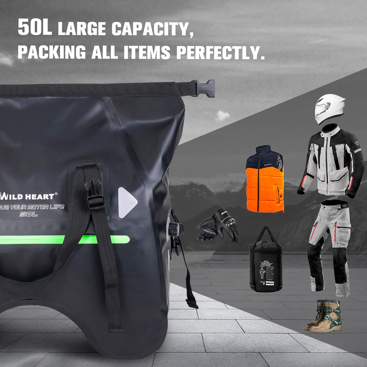 WILD HEART Dry Motorcycle Tail bag 70L/50L With Rope Straps and Inner Pocket Waterproof PVC 500D for Travel,Motorcycle and so on - Image 4