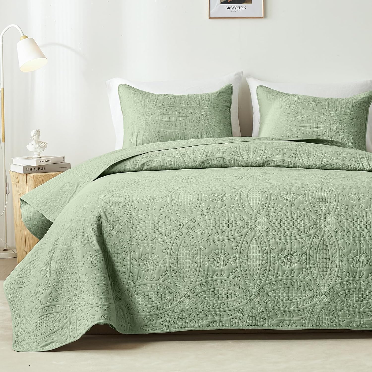 akkialla Quilts Queen Size,Sage Green Ultrasonic Full/Queen Quilt Set,Lightweight Soft Bedspread Coverlet,Modern Style Coin Pattern Bed Cover for All Seasons,3 Piece(1 Quilt,2 Pillow Shams) | Breathable, Cozy