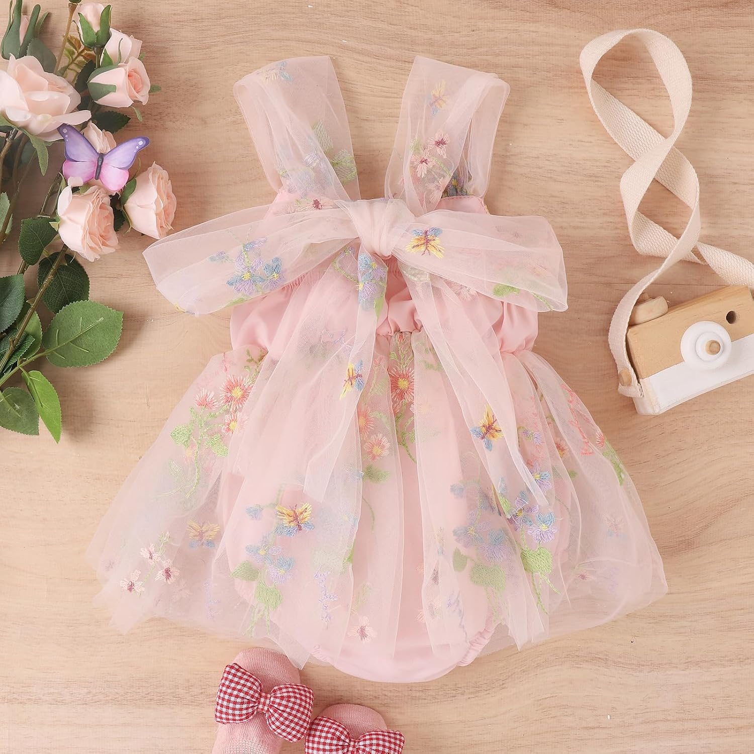 ODASDO Infant Baby Girl Tulle Romper Flower Embroidery Princess Bodysuit with Headband Birthday Party Cake Smash Outfit