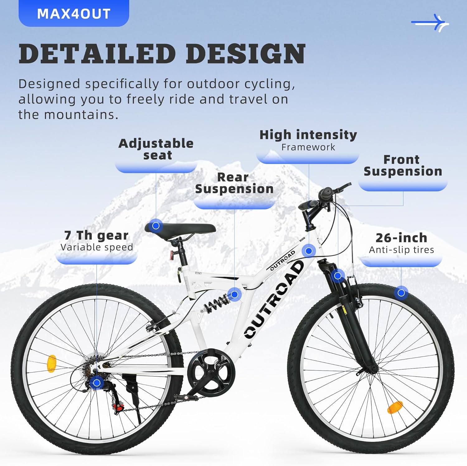 26 inch Mountain Bike Dual Full Suspension, Outdoor Hybrid Bikes,7-Speed/High-Carbon Steel, for Men Women Adult, MTB Bicycle with Suspension Fork,Sleek Colors