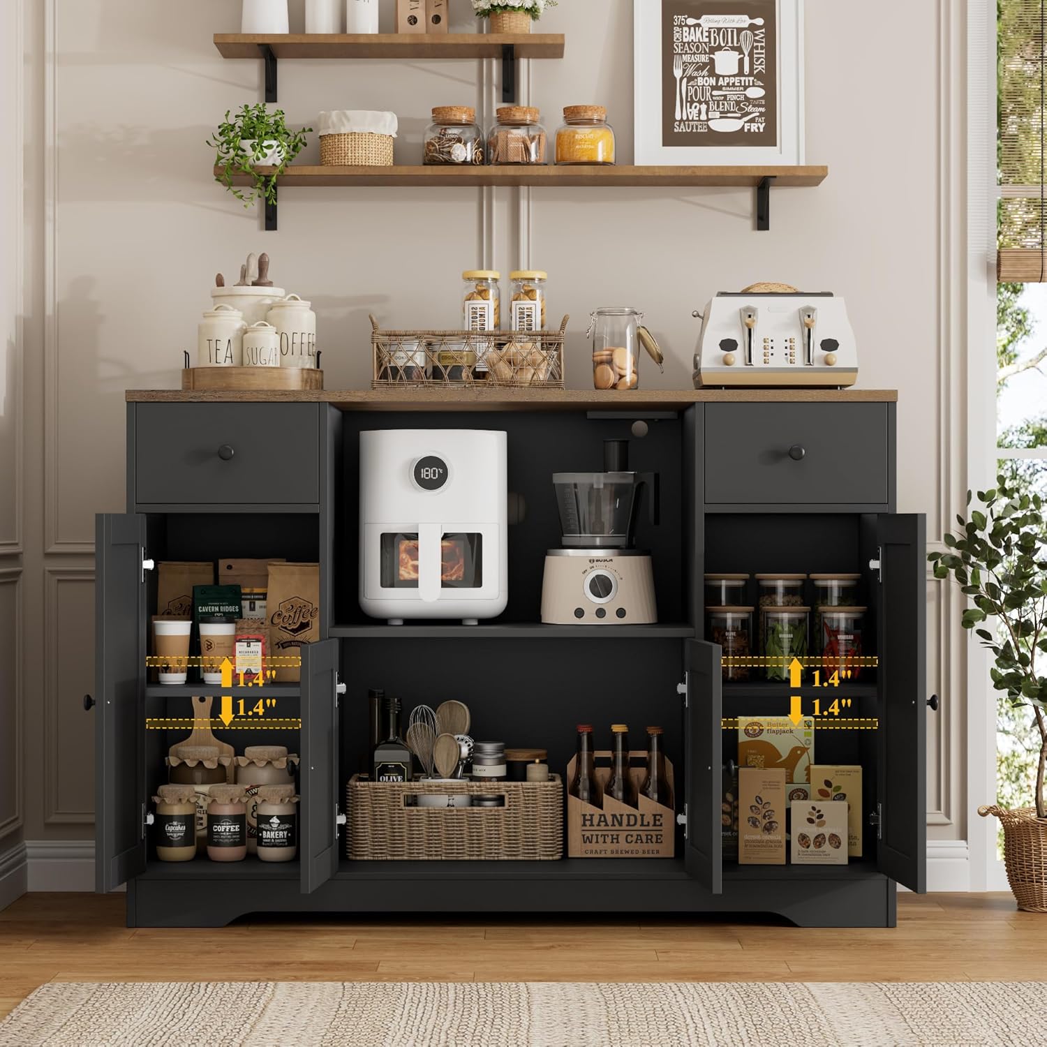 Interior view of the HOSTACK Microwave Cabinet showing adjustable shelves and storage compartments.