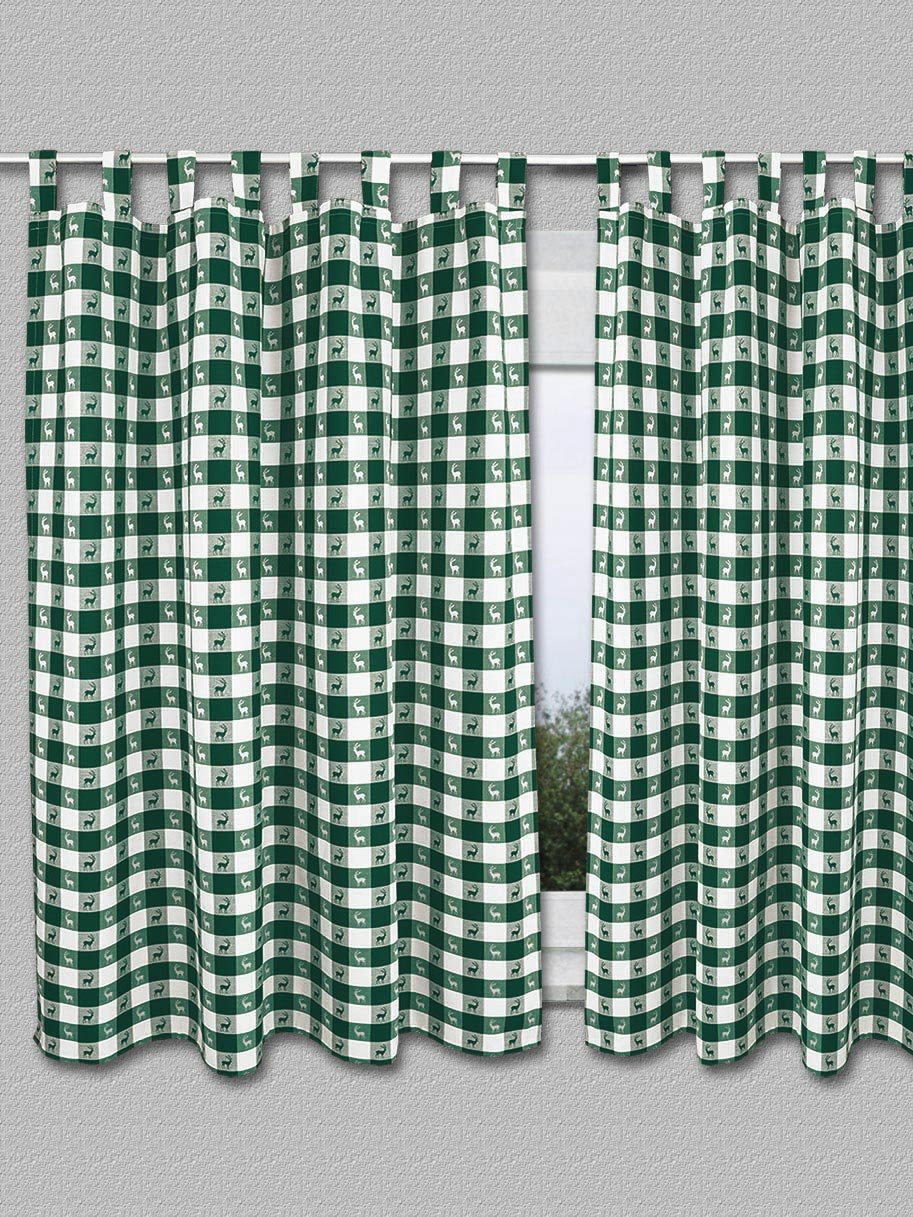 Dekoschal Karo mit Hirsch in Grün | Schlaufenschal aus hochwertigem Webware | grün-weißer Landhaus-Vorhang kariert | Blickdichte Übergardine mit 8 Schlaufen | Seitenschal Höhe x Breite 125 x 130 cm