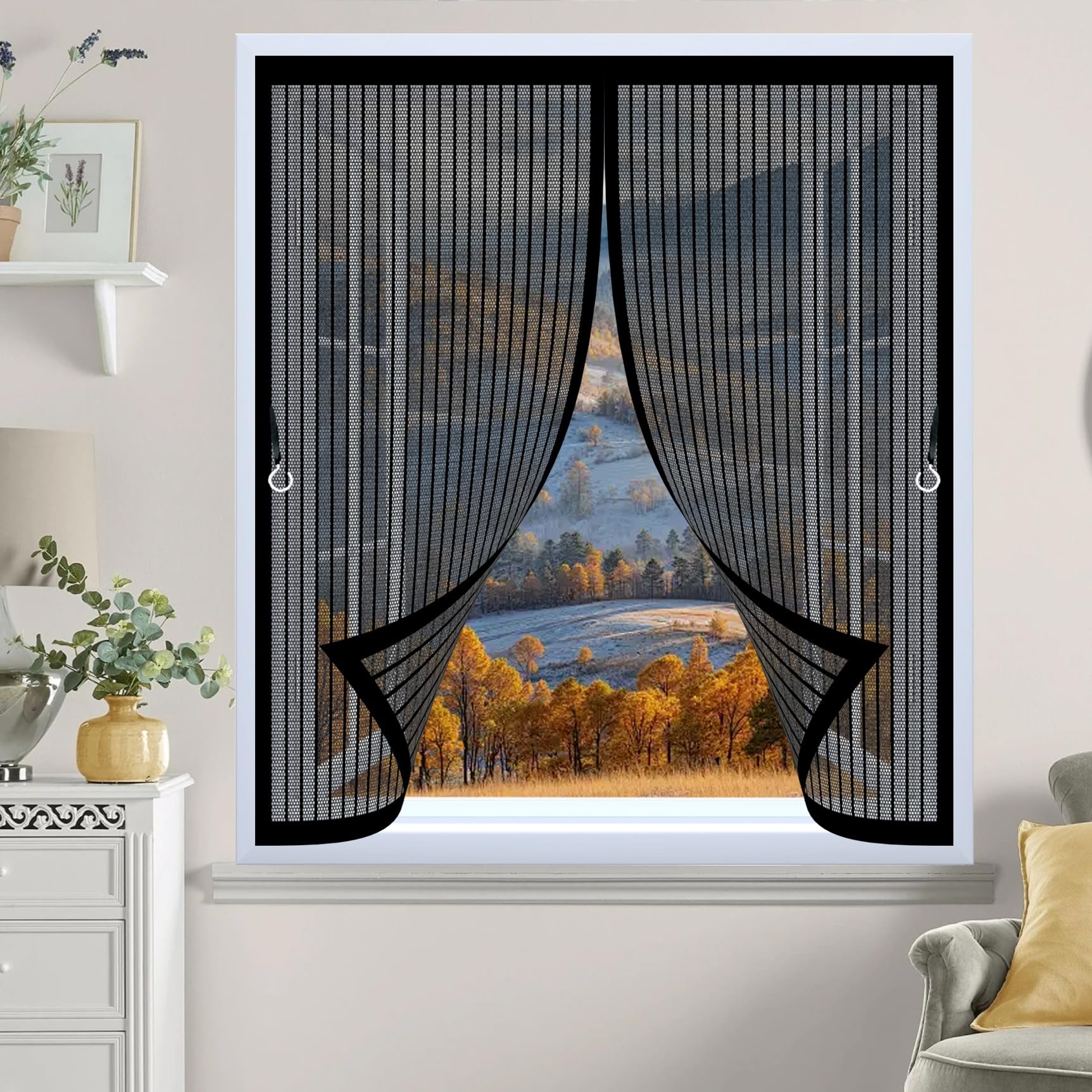 Moustiquaire Fenetre 145 x 160 cm Anti Mouche Maille Ultra Fine, Protection Contre Les Moustiques, Fermeture Automatique Rideau Anti Moustique pour Tous Types de Fenêtres, Noir