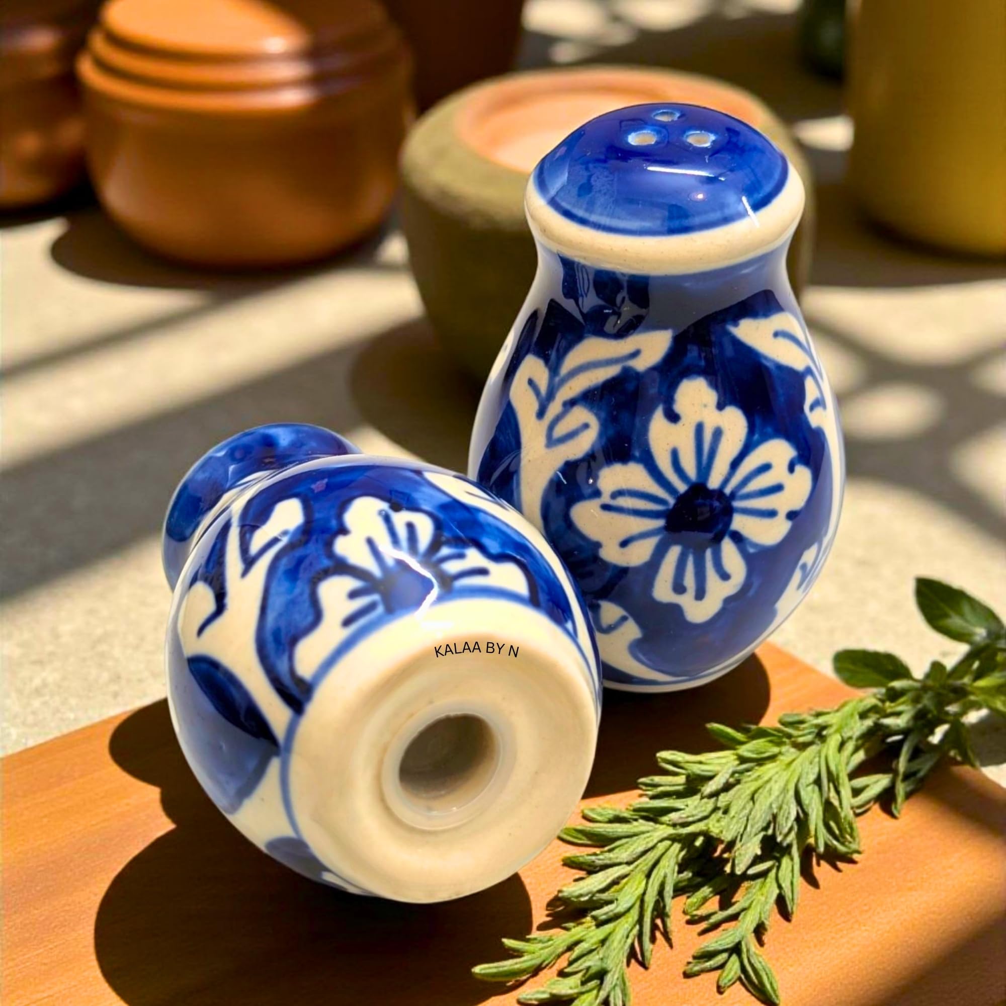 Kalaa By N Salt Pepper Set for Dining Table Kitchen - Ceramic Salt and Pepper Shakers Dispenser Container Sprinkler 60ML - Home Cafe Office Restaurant - Dishwasher Safe (Blue and White) - Image 5 thumbnail