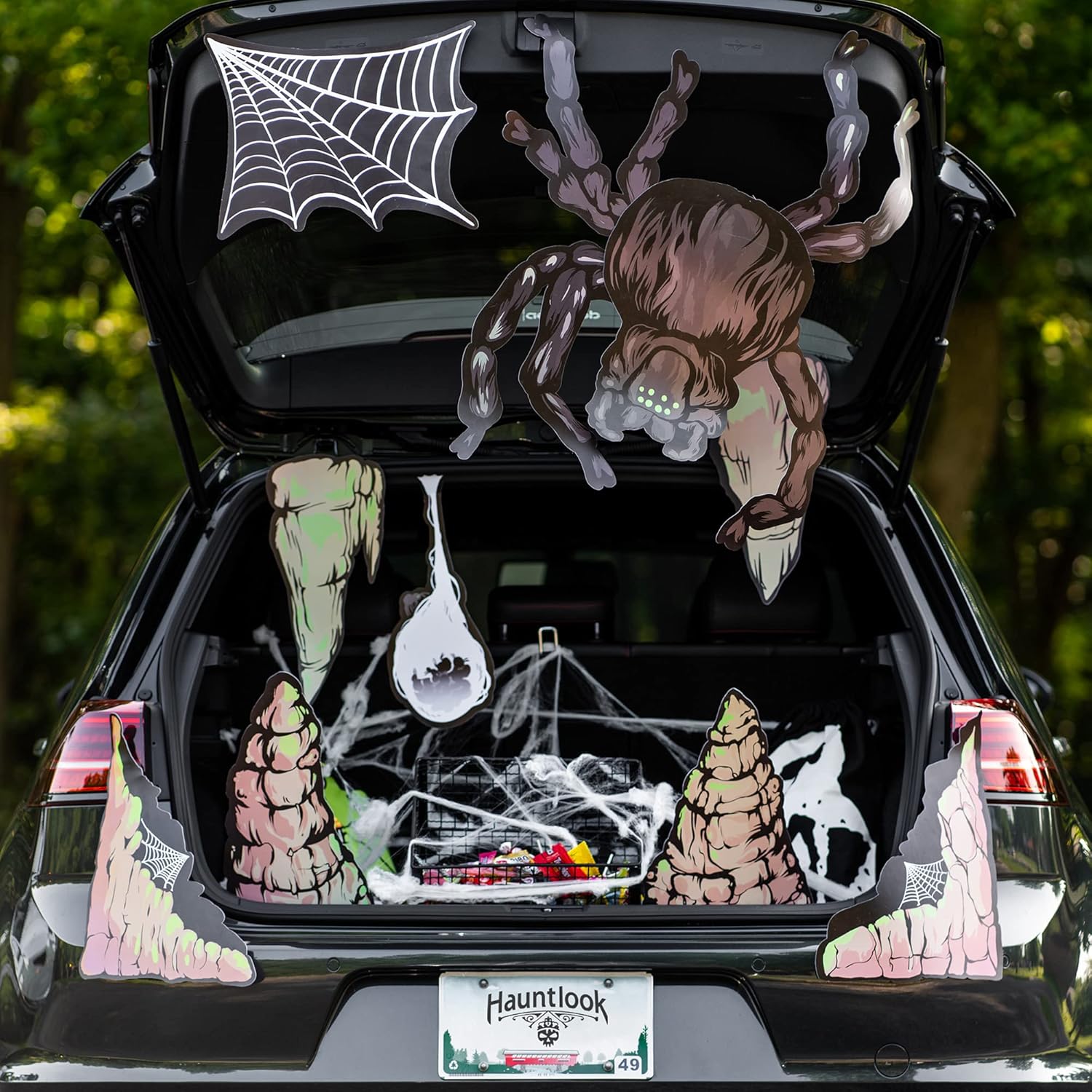 Spider Cavern Trunk or Treat Halloween Car Decoration - Large, Scary Tarantula Arachnid Spiderweb Monster Face Haunted House Home Decor & Funny Outdoor Party Decoration - 11 Easy Hang Pieces