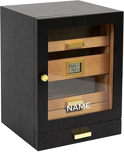 Humidor de gabinete Luca monogramado, almacenamiento de cigarros para 100-150 puros, cedro español, 3 cajones grandes frontales de cristal,