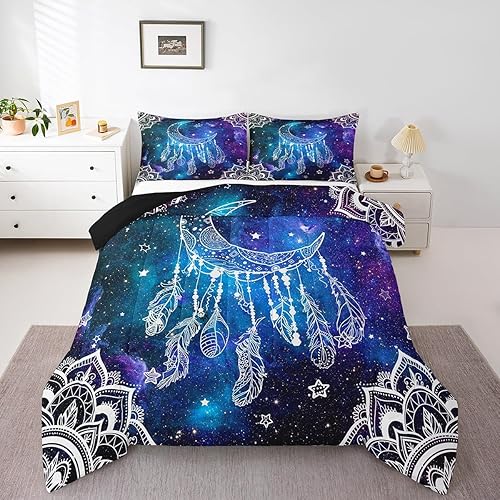 Miniatura 6 de Juego de edredón de atrapasueños, tamaño matrimonial, juego de edredón de universo de galaxia estrellada, estilo tribal, juego de ropa de cama de