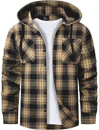 Mens Flannel Hoodie Lightweight Button Down Long Sleeve Shirts with Pocket