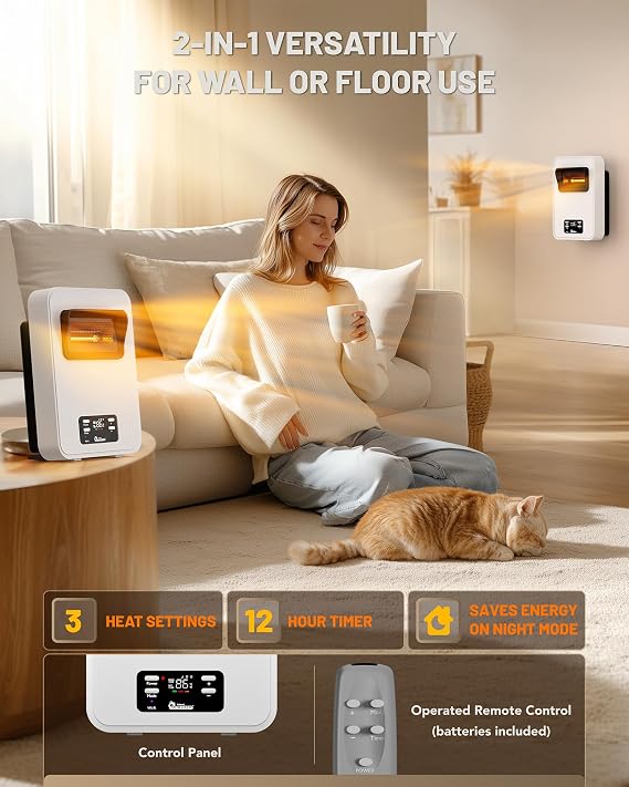 Dr. Infrared Heater Ecoheat Wall Hung or Wall Mounted Electric Space Heater, Dual System with Infrared and Fan Forced, Remote Control, 1500W, White