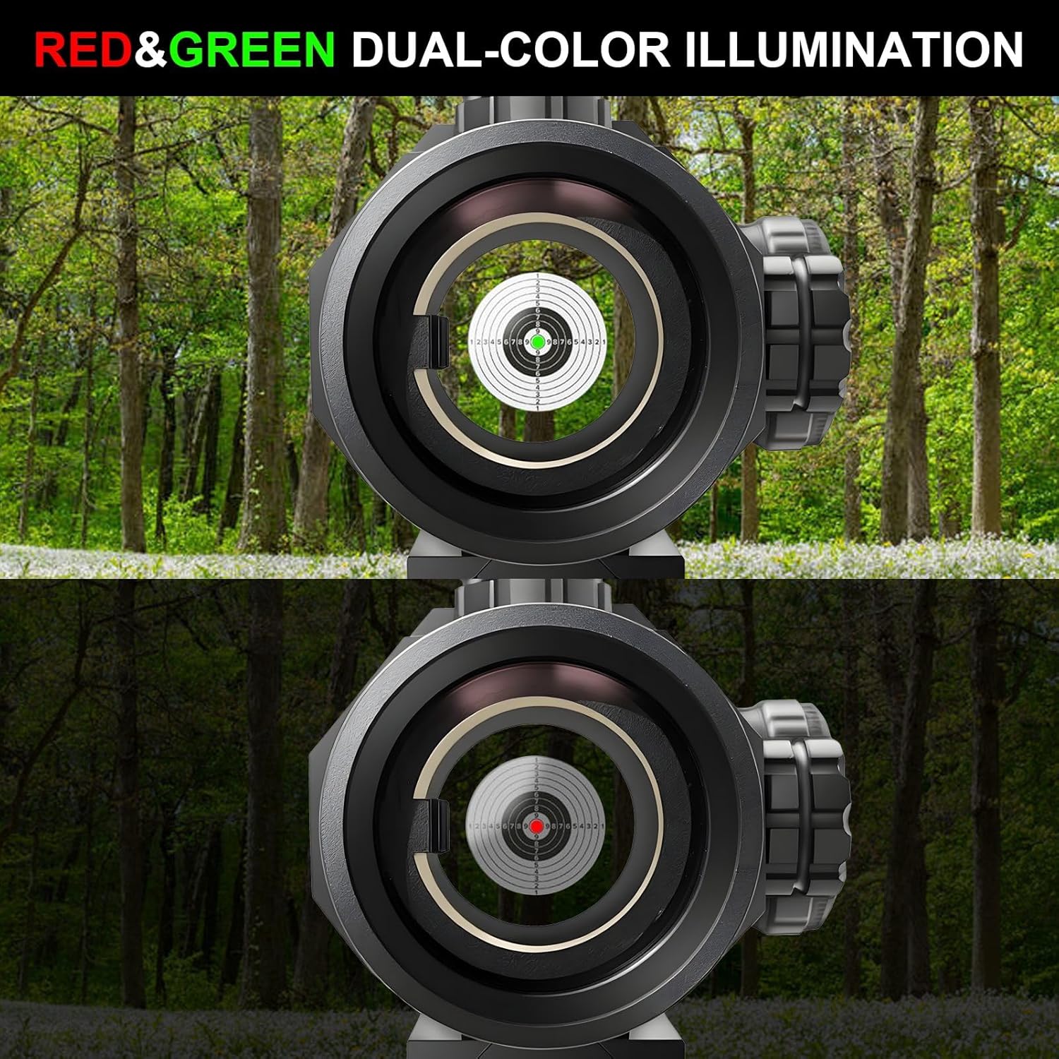 Red Dot Sight, Red and Green, Reflex Rifle Scope Dot Sight with 4 Different Reticles, 20mm Rail Mount, Absolute Co-Witness