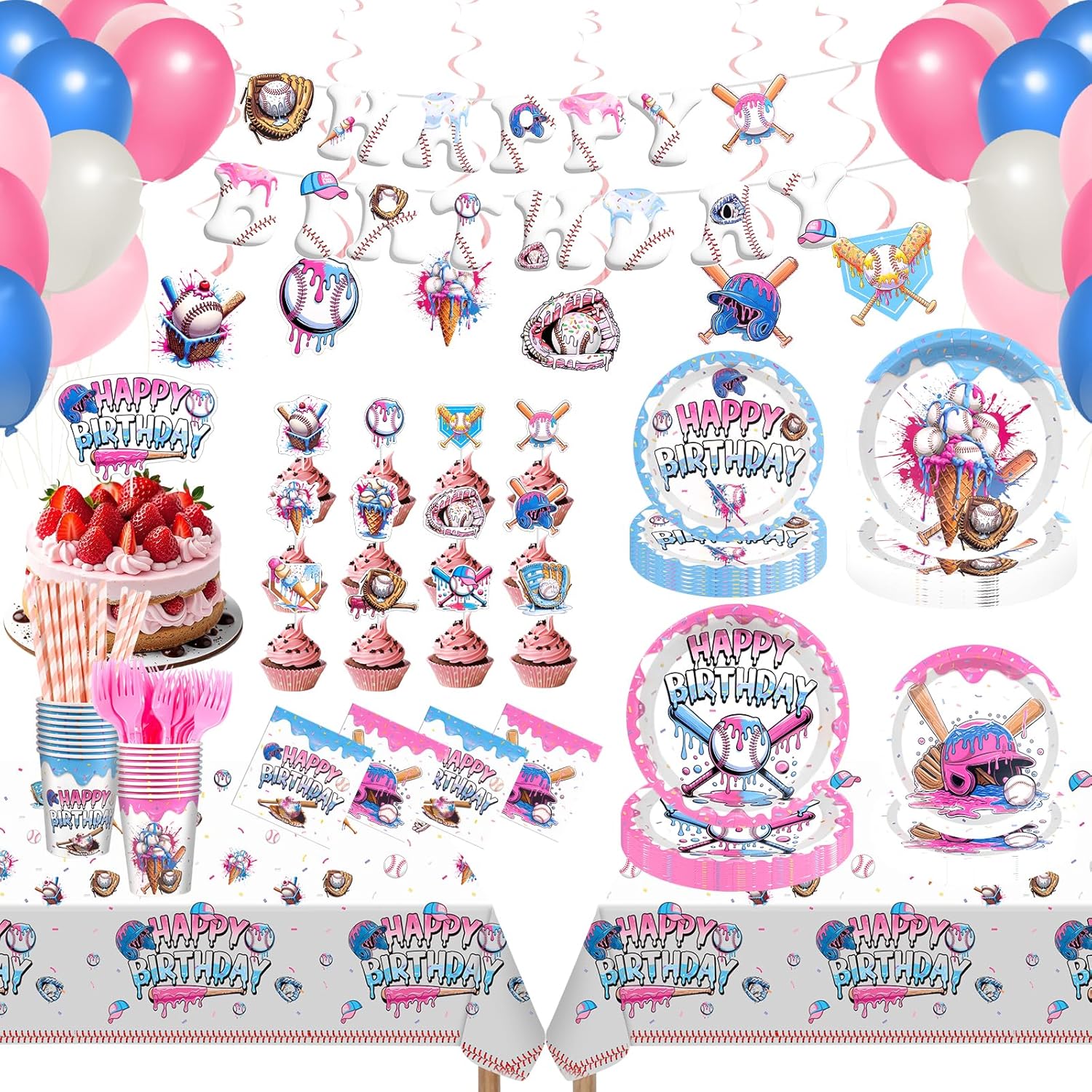 192Pcs Ice Cream Drip Baseball Birthday Party Decorations Set Includes Plates Napkins Cups Banner Balloons Tablecloth Cake Topper for Team Gift Sport Birthday Camping Baby Shower Parties,Serve 24