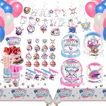 192Pcs Ice Cream Drip Baseball Birthday Party Decorations Set Includes Plates Napkins Cups Banner Balloons Tablecloth Cake Topper for Team Gift Sport Birthday Camping Baby Shower Parties,Serve 24