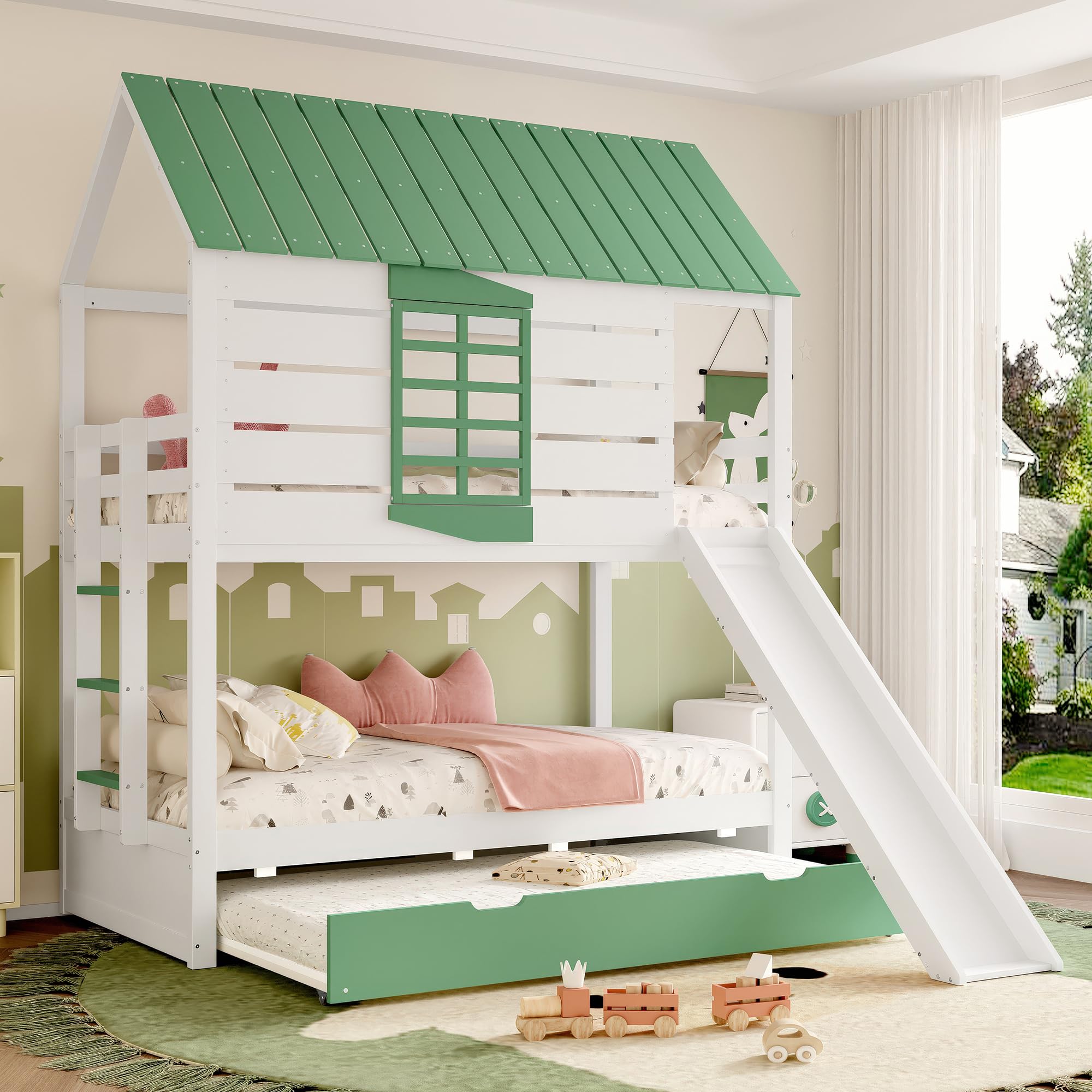 Moimhear Lettino a soppalco, con tetto di casa, con finestre, culla in legno, letto a castello con scivolo, pino+MDF, bianco+verde (90 x 200 x 2 + 90 x 190 cm, con letto estraibile)