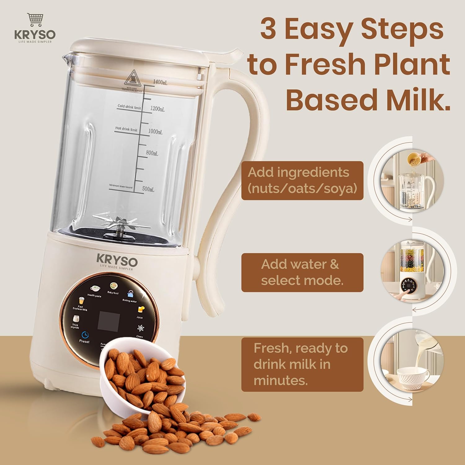 KRYSO Nut Milk Maker Machine 8-in-1, 𝟒𝟖𝐨𝐳 Borosilicate Glass Jar, Stainless Steel Blades, Large LED Touch Screen, Almond Oat Soy Coconut & Plant-Based Beverage Maker with Self-Cleaning Function
