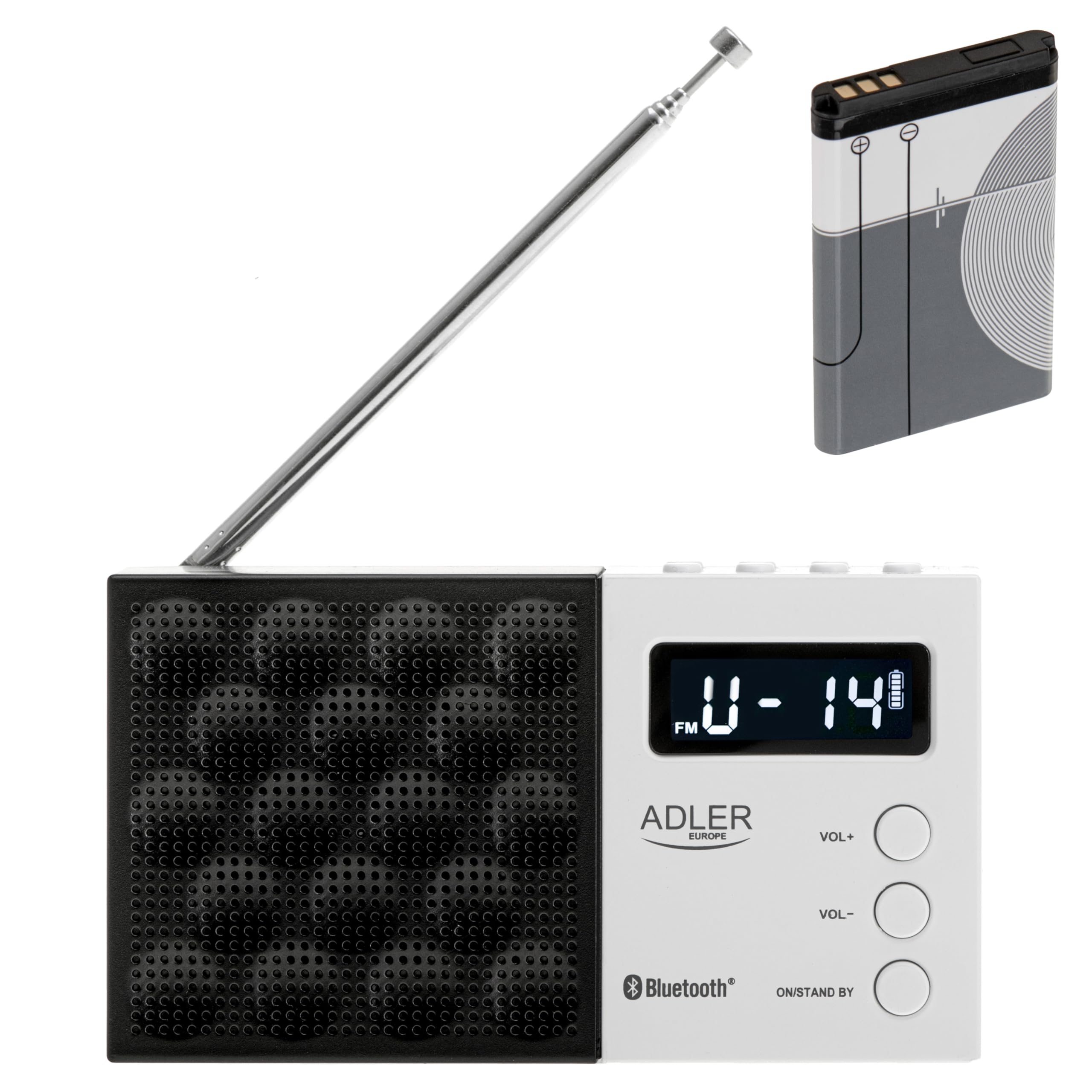 Adler Radio portatile digitale AD 1908, sintonizzazione PLL avanzata, FM con Bluetooth, schermo LCD, batteria rimovibile da 800 mAh, allarme, antenna telescopica, nero e bianco