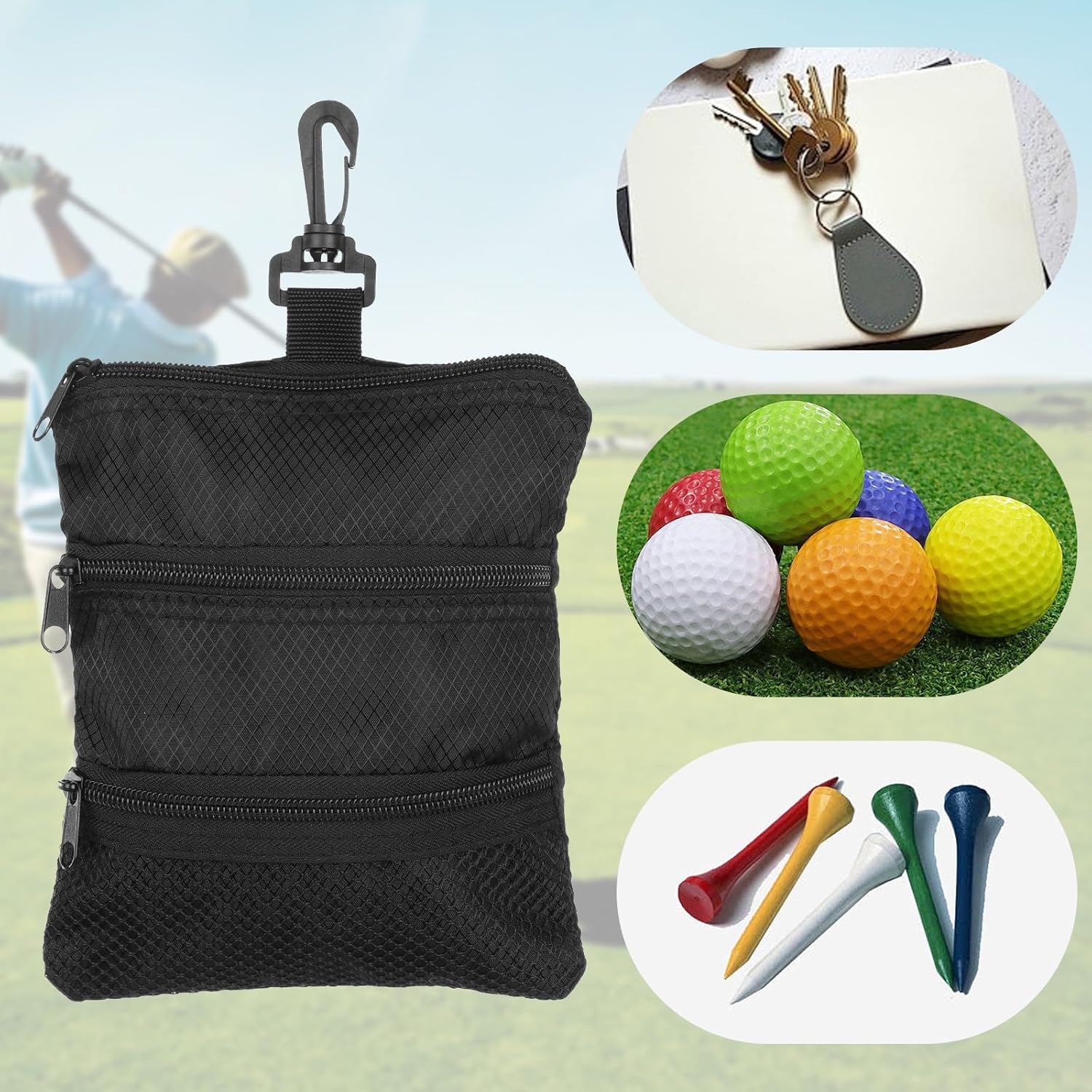 2 Pcs Golf Tee Bag Pouch, Portable Golf Ball Bags with Multiple Zippered Pockets, Black Blue Golfball Storage Accessory Bag for Men Women