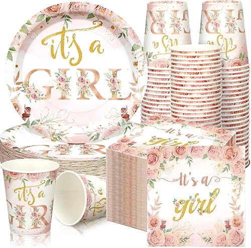 Juego de 200 platos florales de papel para baby shower, servilletas, tazas, suministros de fiesta de baby shower, juego de vajilla desechable de oro