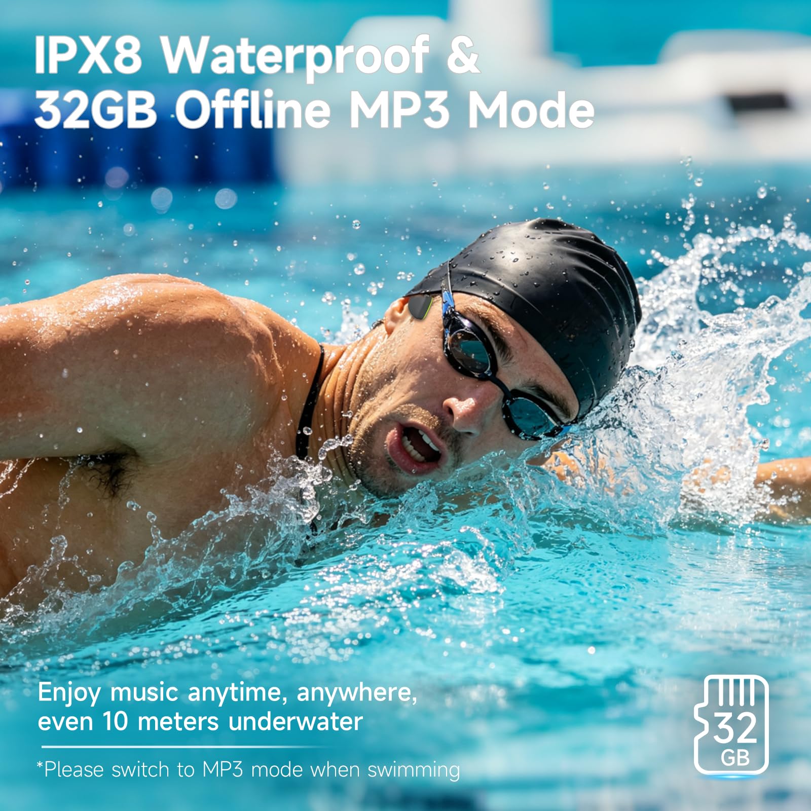 Casque Conduction Osseuse Natation, IPX8 Ecouteur Piscine Bluetooth 32 Go | Ecouteur Conduction Osseuse Bluetooth 6.0 avec Lecteur MP3,Casque Waterproof Piscine pour Nager, Course à Pied, Cyclisme