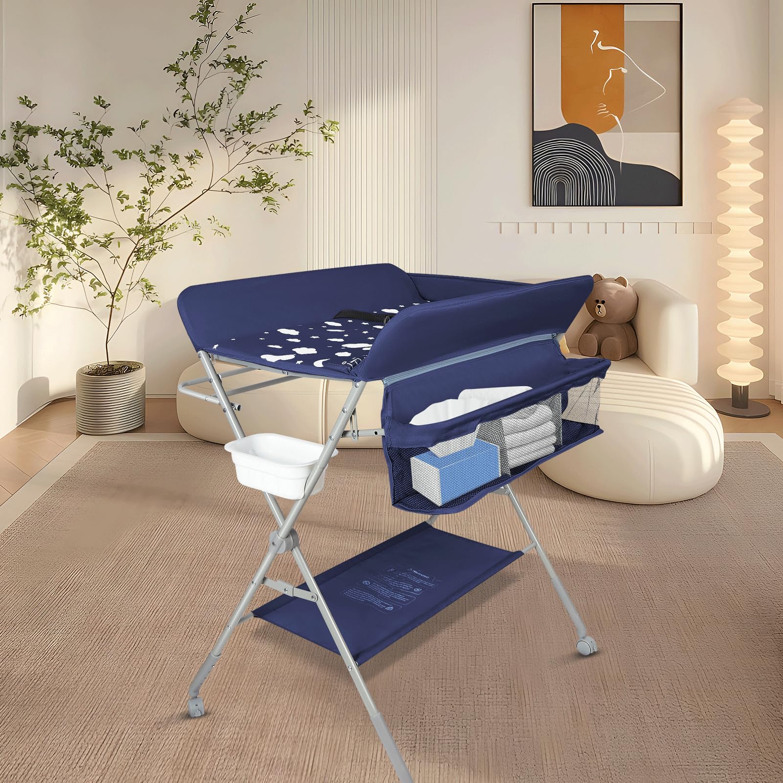 Table à Langer Pliante avec Panier de Rangement à Côté Structure en Fer Charge Max 25KG pour Nouveaux-Nés Design Ergonomique, De la naissance à 12 mois 80 * 58 * 90 cm-bleu marine