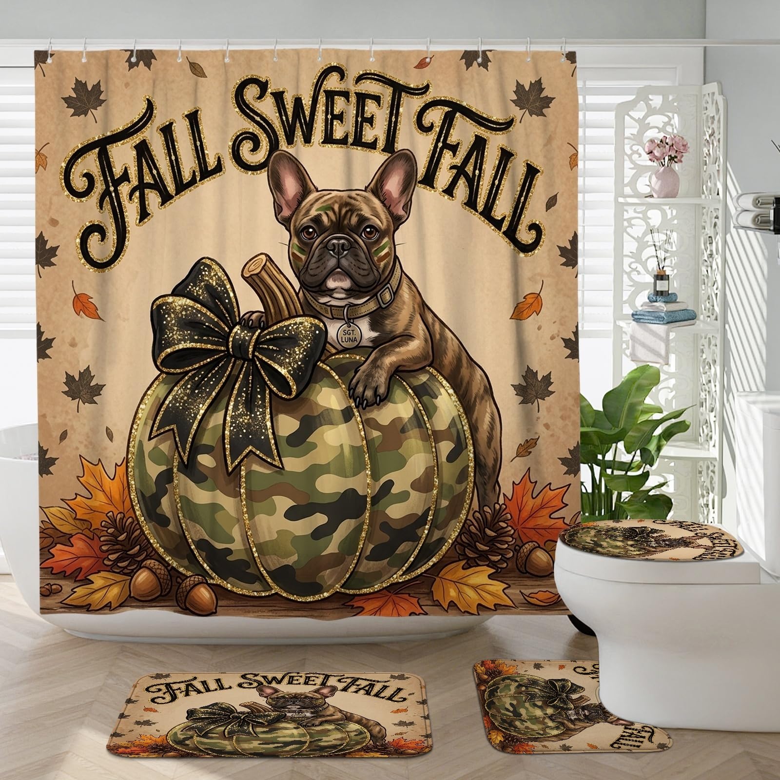 Rideau de douche bouledogue militaire et tapis assortis pour salle de bain d'automne