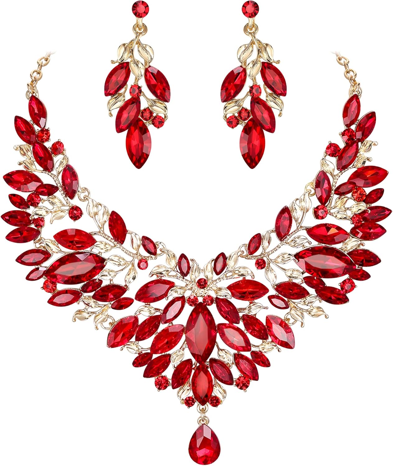 BriLove Wedding Bridal Crystal Rhinestones Marquise Cluster Statement Necklace Dangle Earrings Jewelry Set for Women