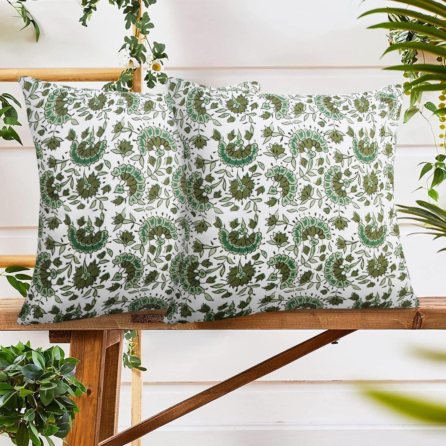 JASEN Green Spring Floral Plant Leaf Outdoor Waterproof Throw Pillow Covers Set of 2 - Double Sided Farmhouse Accent Decorative Pillows Cases for Patio Furniture Garden Couch Sofa 18x18 Inch (Green B)