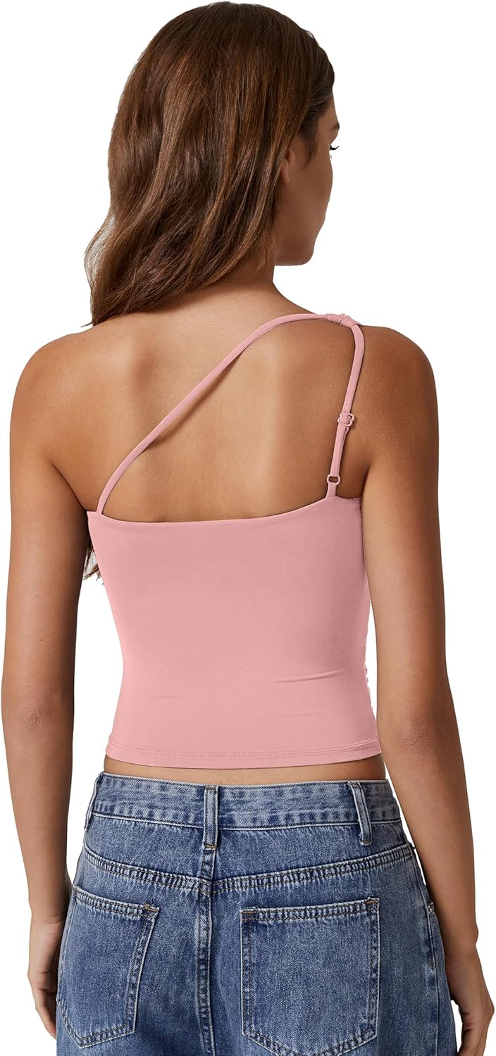 QINSEN Women's One Shoulder Tank Tops Double Lined Sleeveless Slim Fit Cropped Tee Shirt Y2k Tops - Image 2