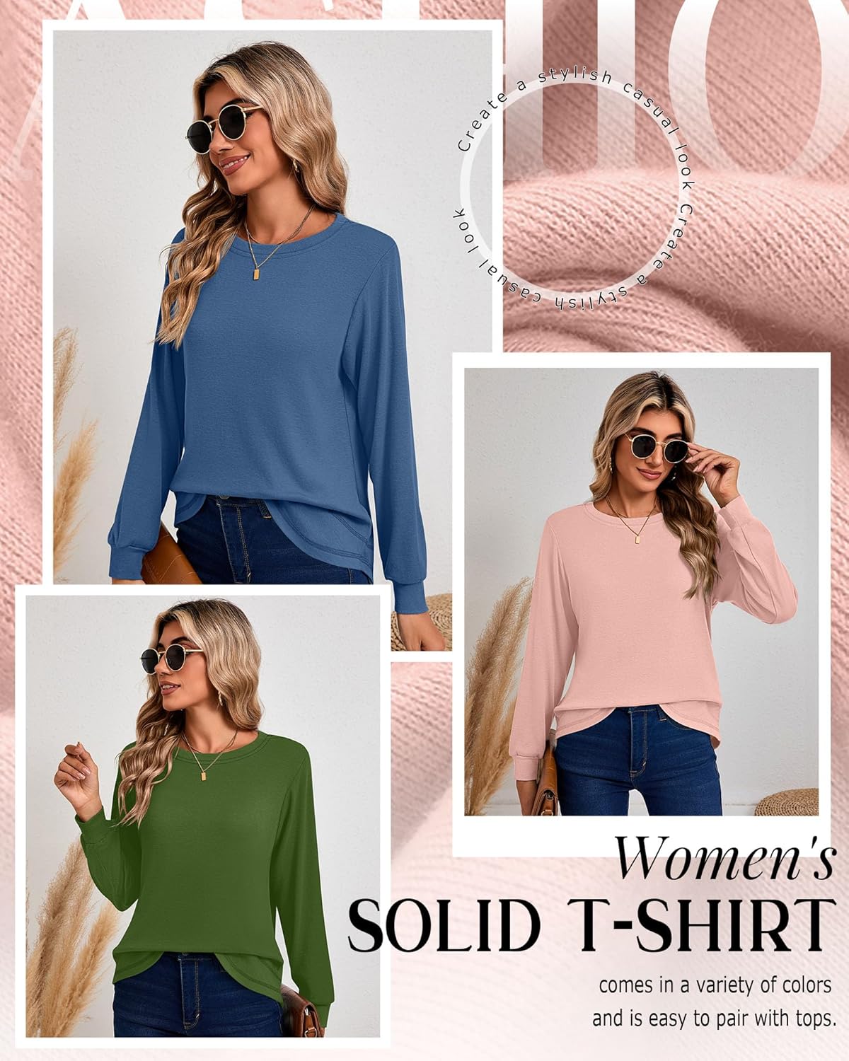 Ficerd 3 Pack Women's Long Sleeve Shirts, Cotton Crew Neck Tunic Tops Casual Loose Fit Pullover Sweatshirts Curved Hem Shirts - Image 5