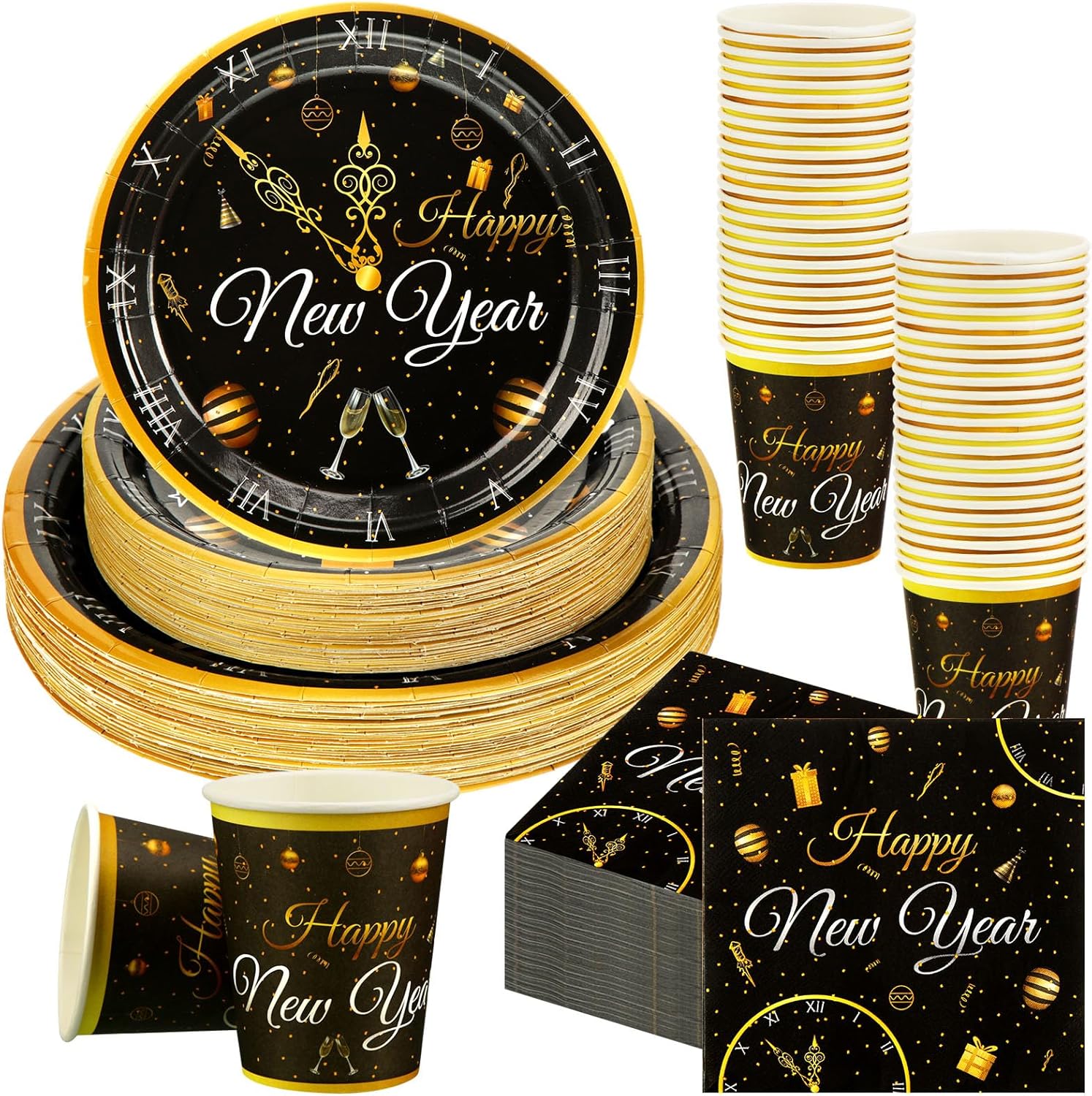 200 Pcs New Year Party Supplies 2026 Black and Gold Eve Paper Plates Napkins Cups Kit Disposable Dessert Plate Tableware Set Disposable for 2026 New Year Birthday Party Supplies
