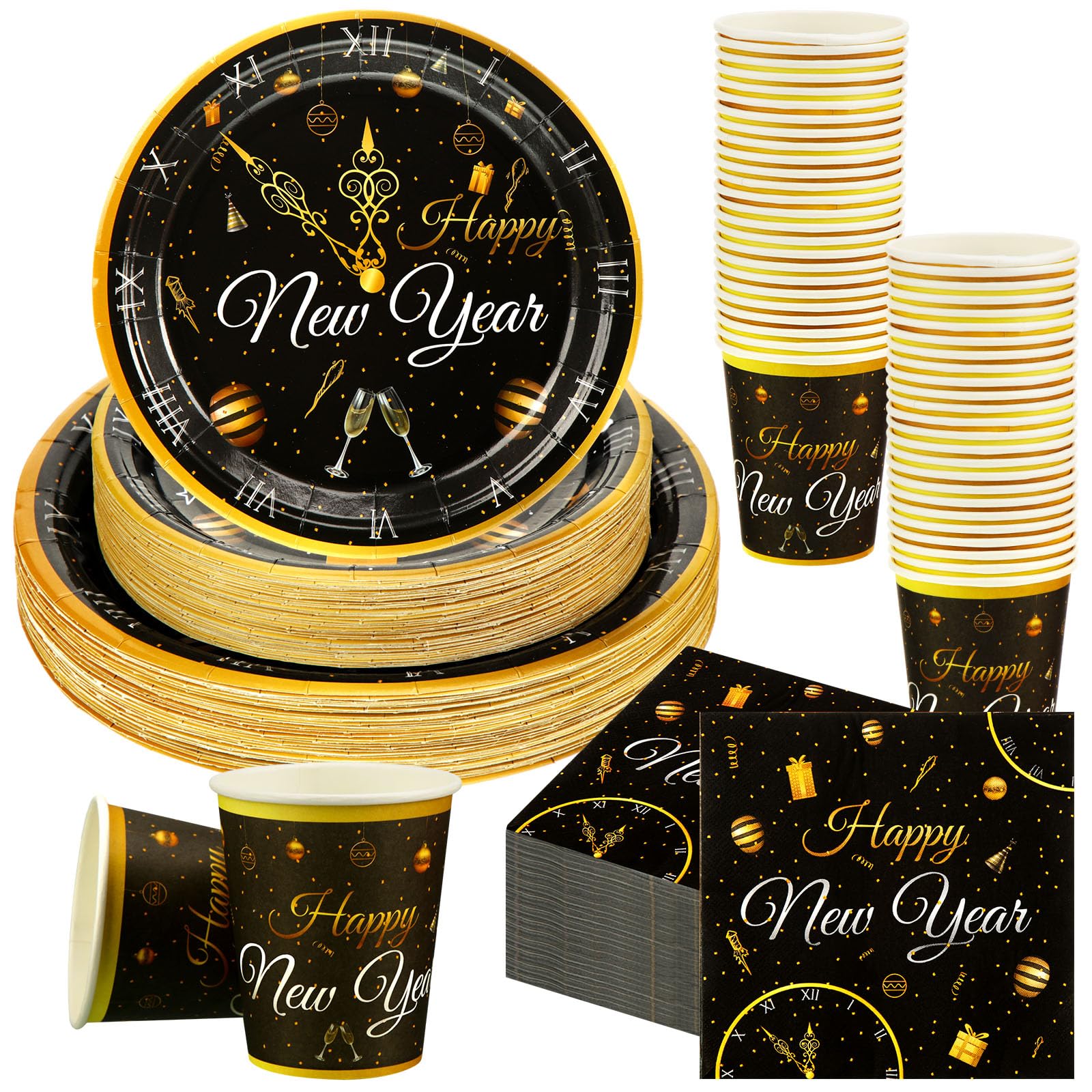 200 Pcs New Year Party Supplies 2026 Black and Gold Eve Paper Plates Napkins Cups Kit Disposable Dessert Plate Tableware Set Disposable for 2026 New